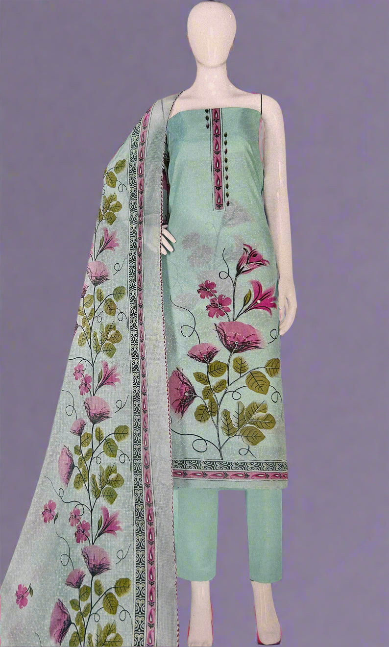 SKYBLUE COTTON SUIT WITH FLORAL MIRROR WORK