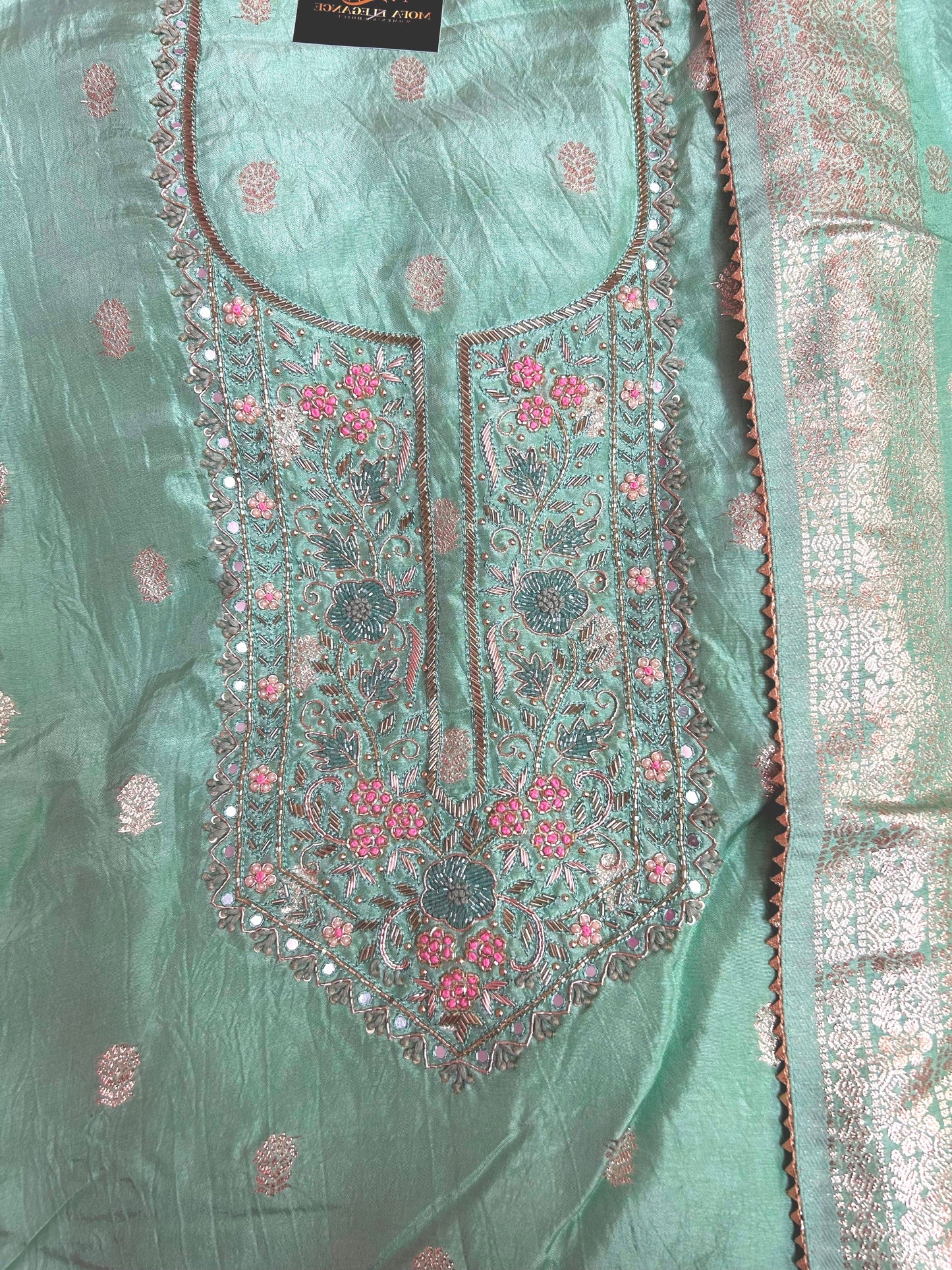 LIGHT GREEN SILK SUIT WITH ZARDOZI WORK