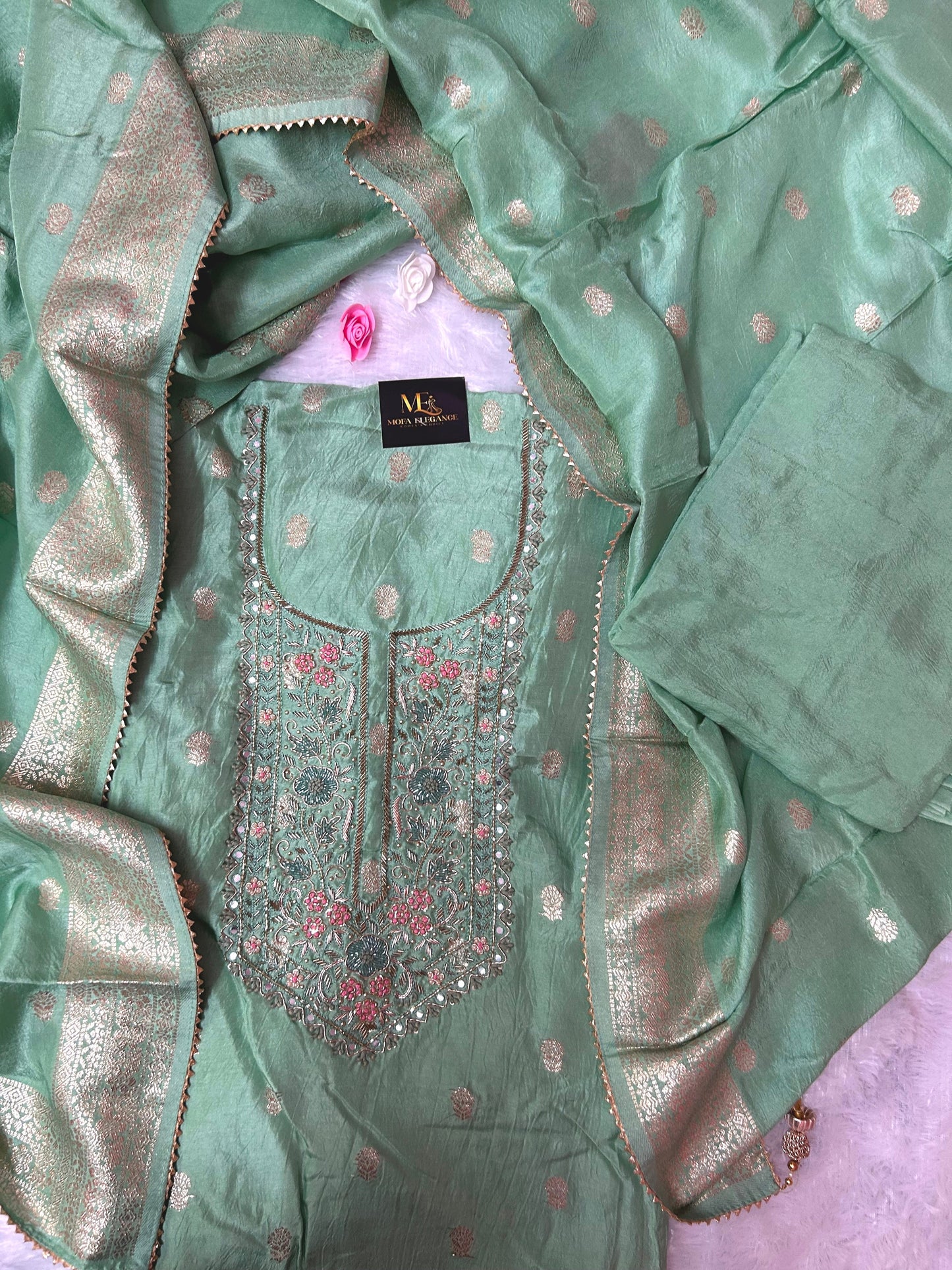 LIGHT GREEN SILK SUIT WITH ZARDOZI WORK