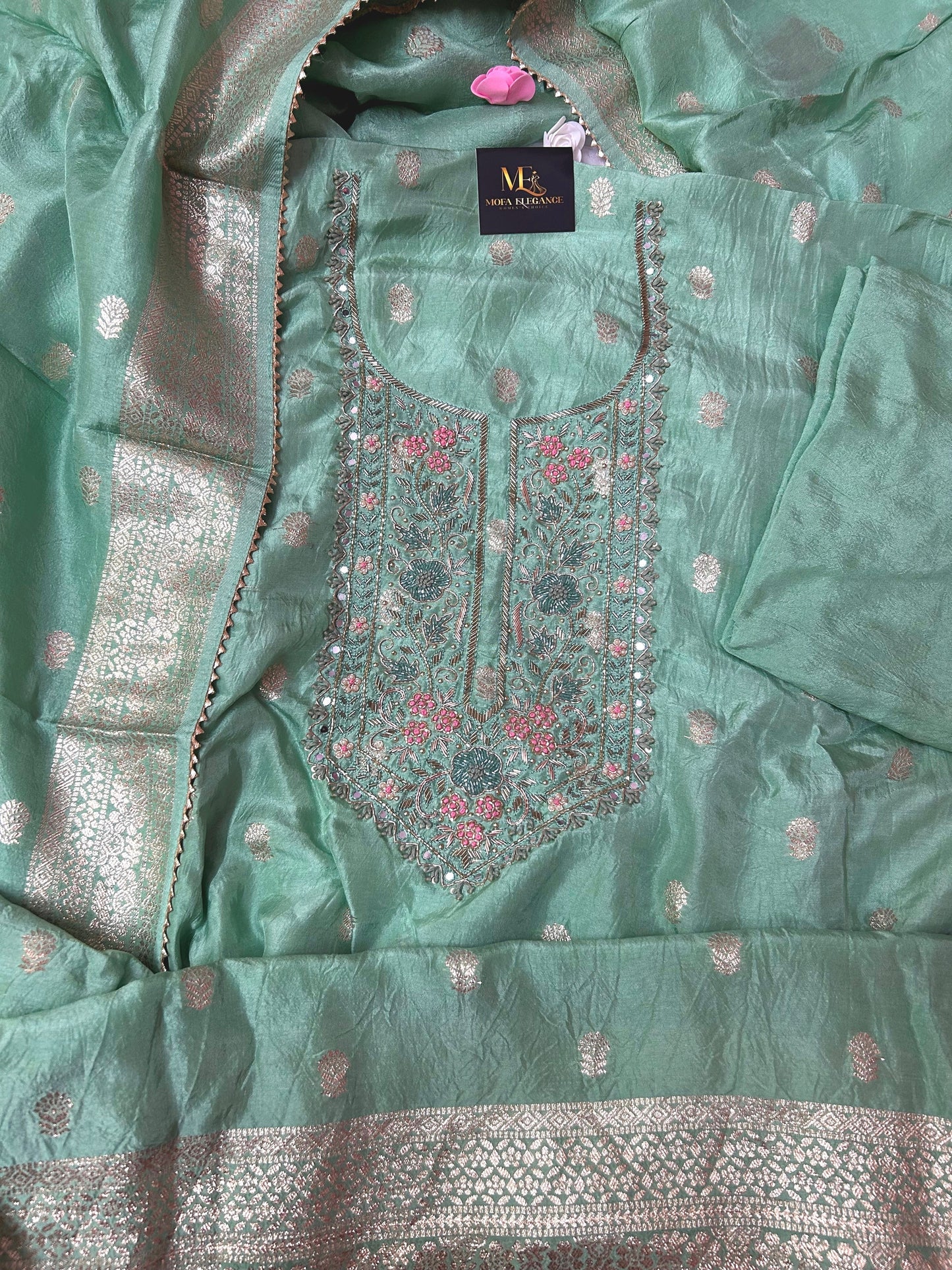 LIGHT GREEN SILK SUIT WITH ZARDOZI WORK