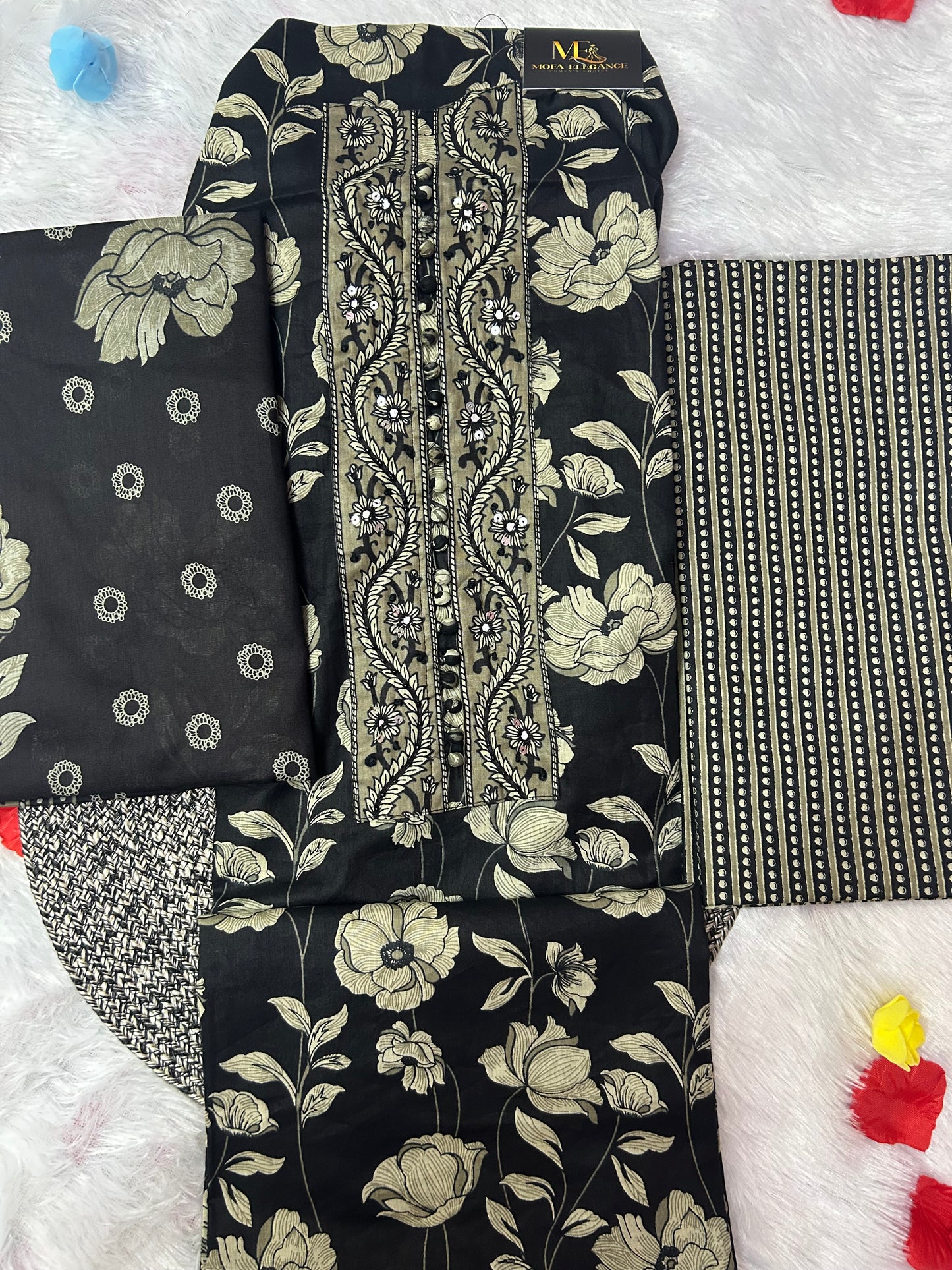 BLACK COTTON SUIT WITH MIRROR WORK