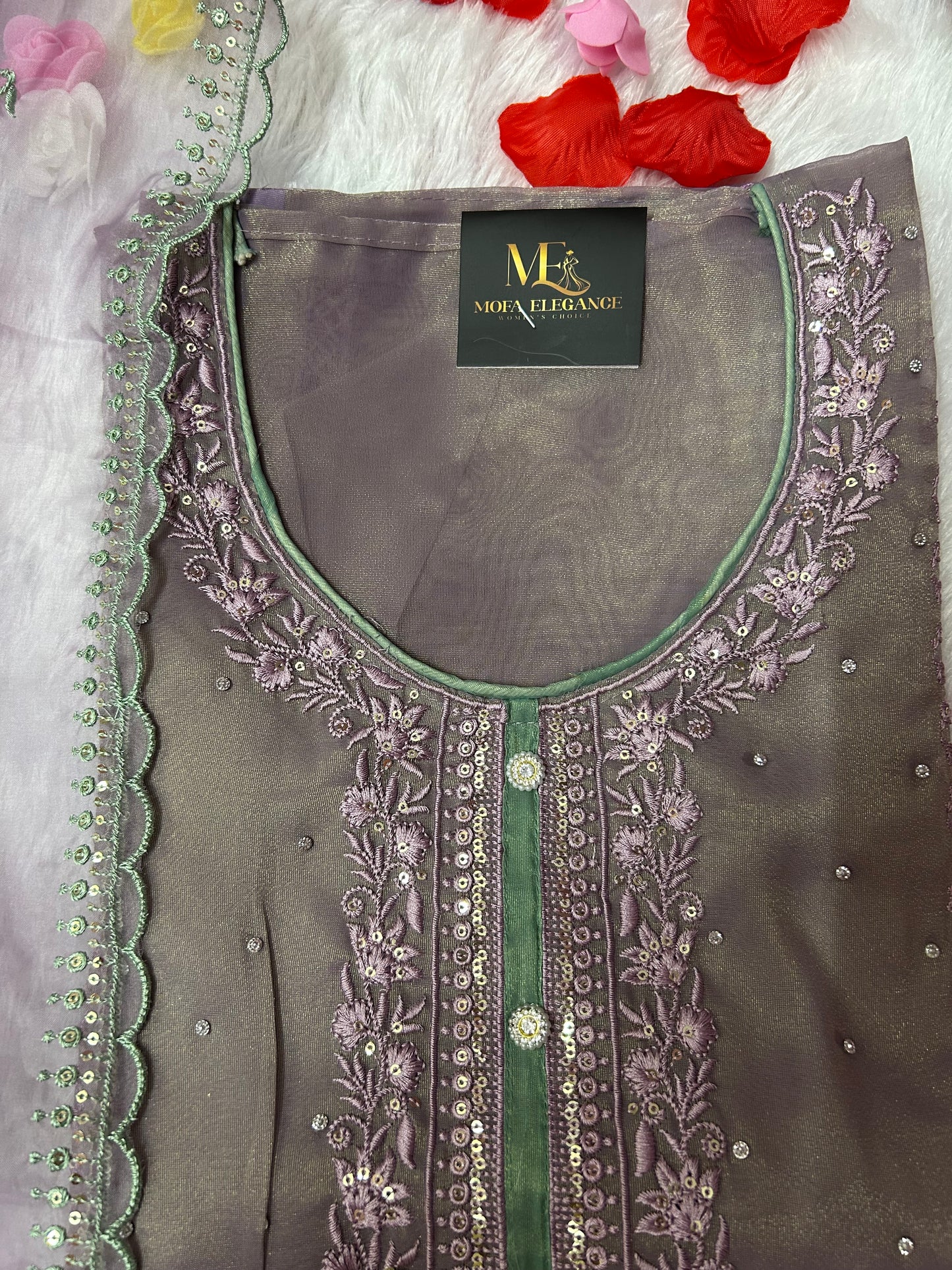 PURPLE SOFT ORGANZA SUIT WITH STONES WORK