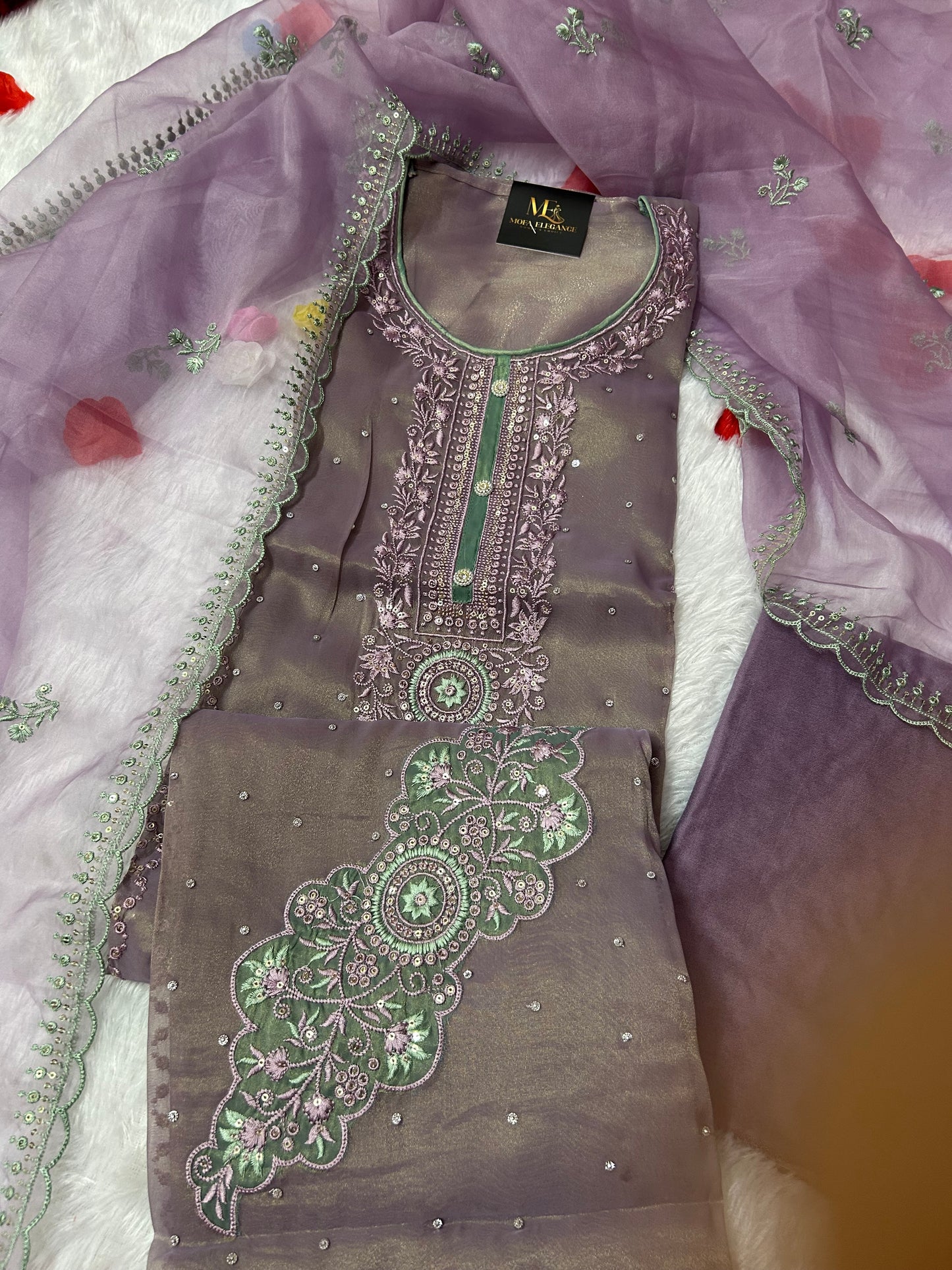 PURPLE SOFT ORGANZA SUIT WITH STONES WORK