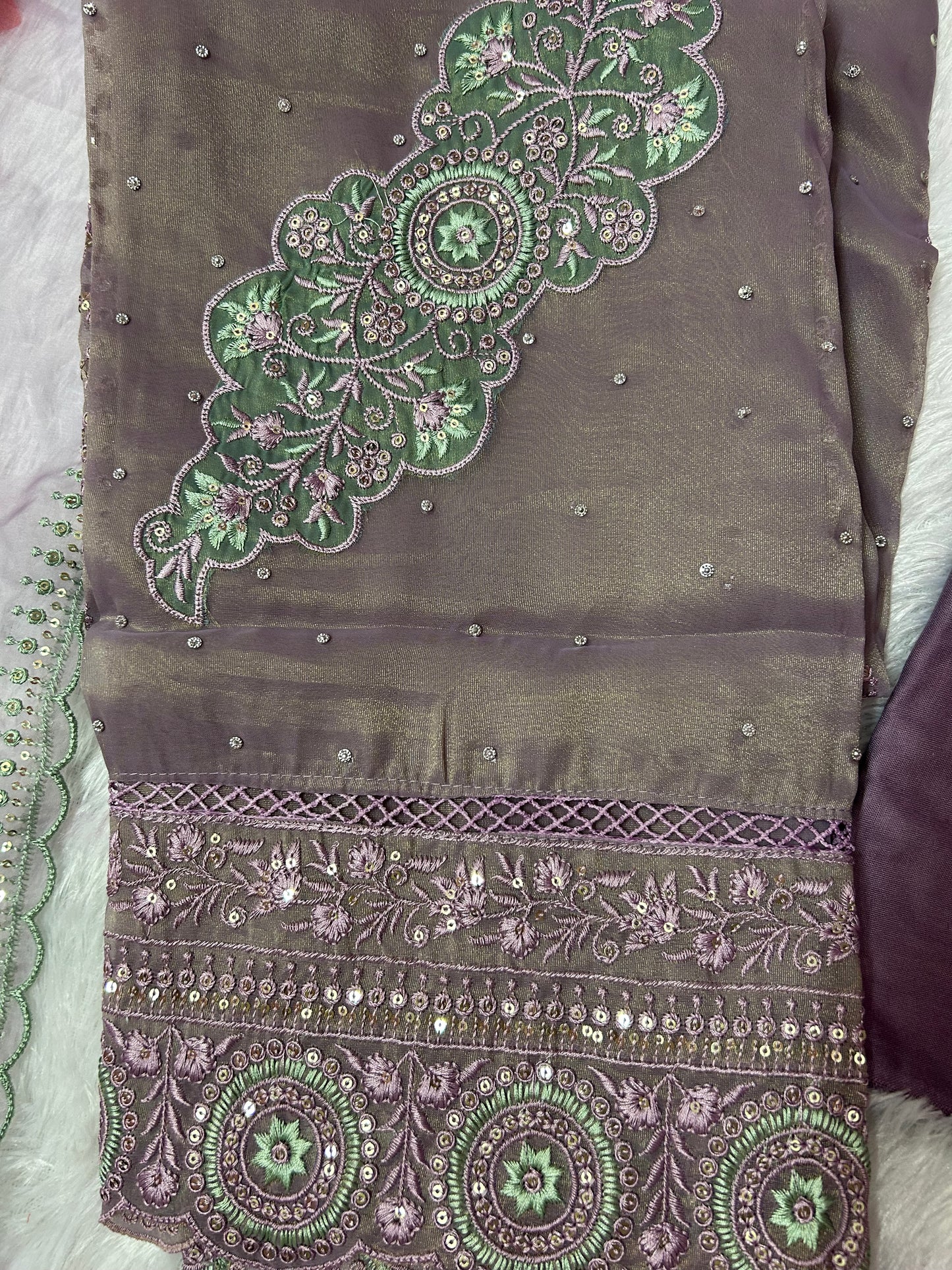 PURPLE SOFT ORGANZA SUIT WITH STONES WORK