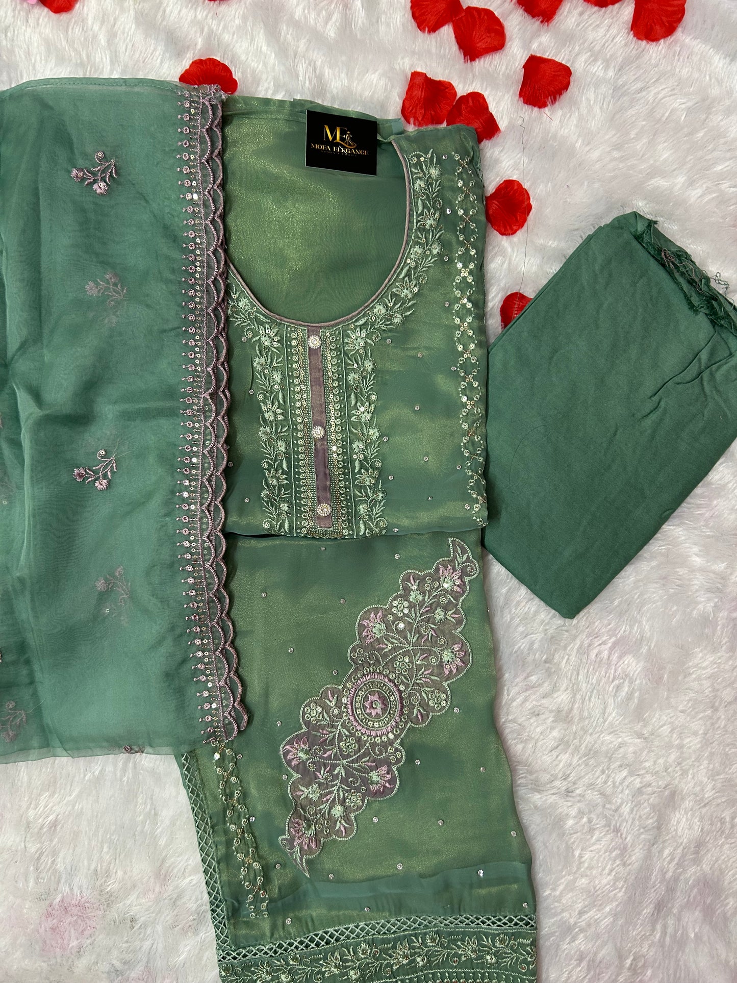 GREEN SOFT ORGANZA SUIT WITH STONES WORK