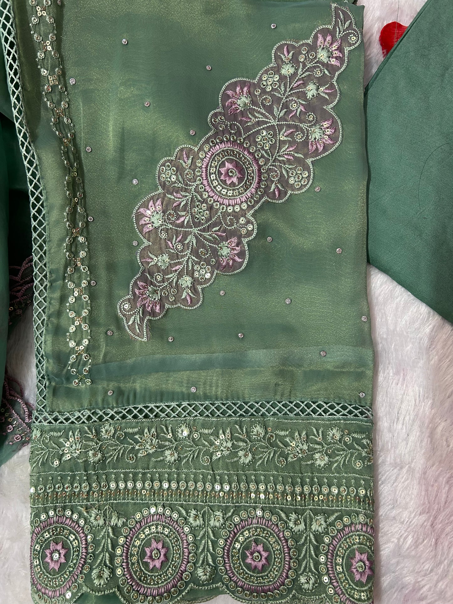 GREEN SOFT ORGANZA SUIT WITH STONES WORK
