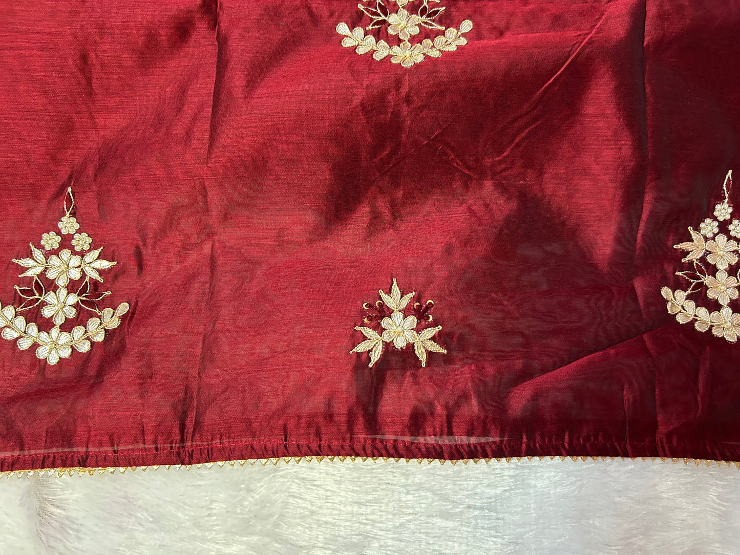 MARRON CHANDERI SILK SUIT WITH FLOWER WORK