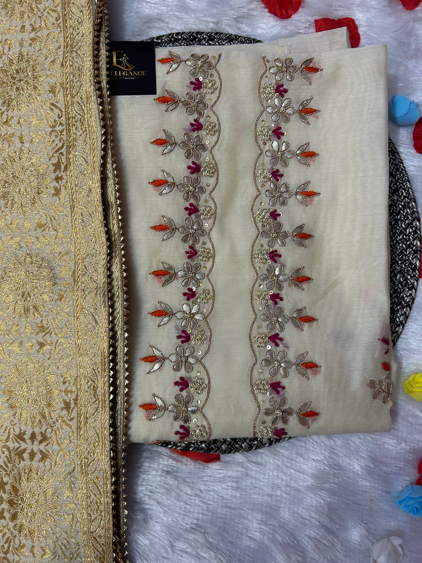 CREAM CHANDERI SILK SUIT WITH CHAMKI WORK