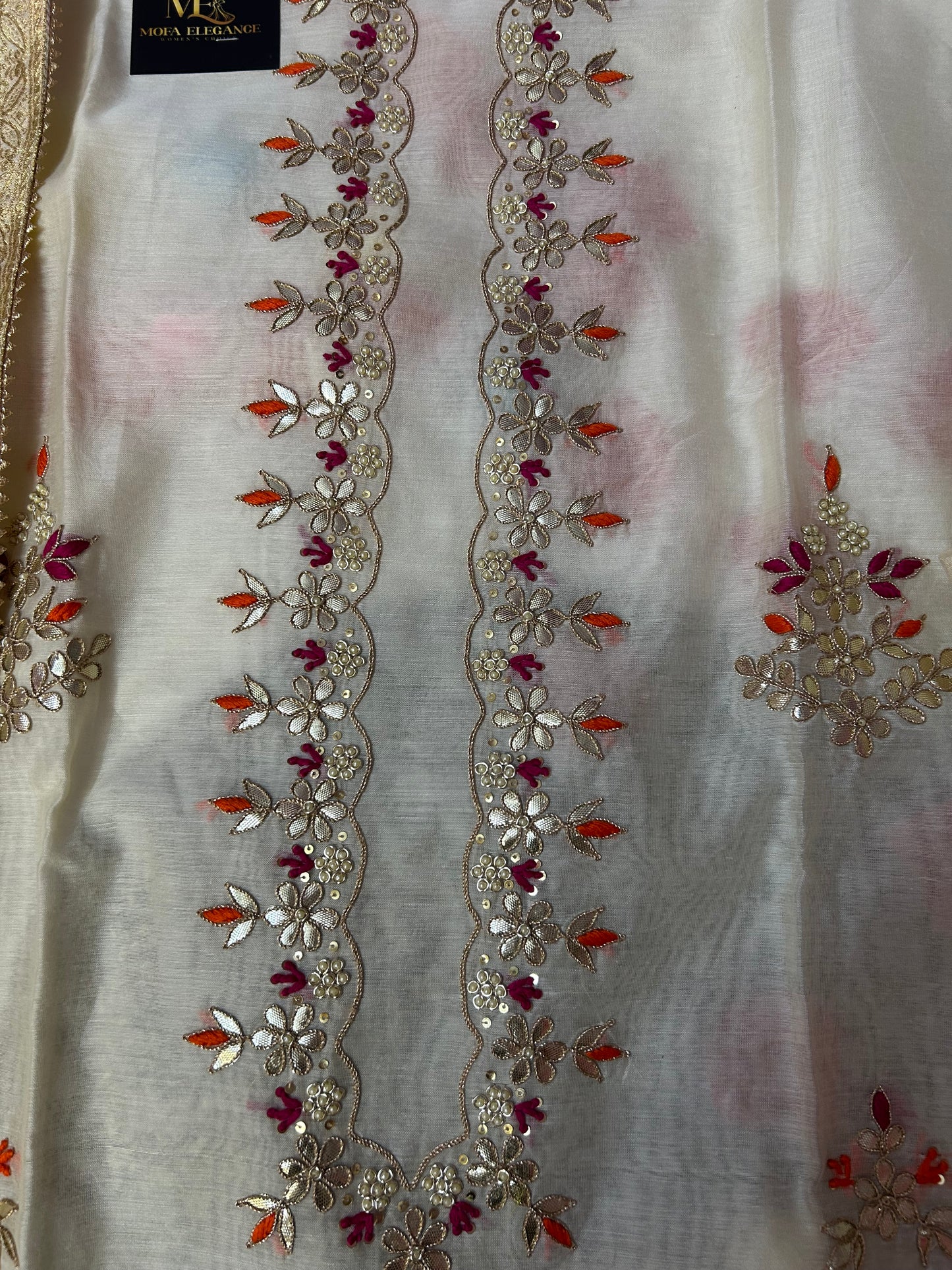 CREAM CHANDERI SILK SUIT WITH CHAMKI WORK