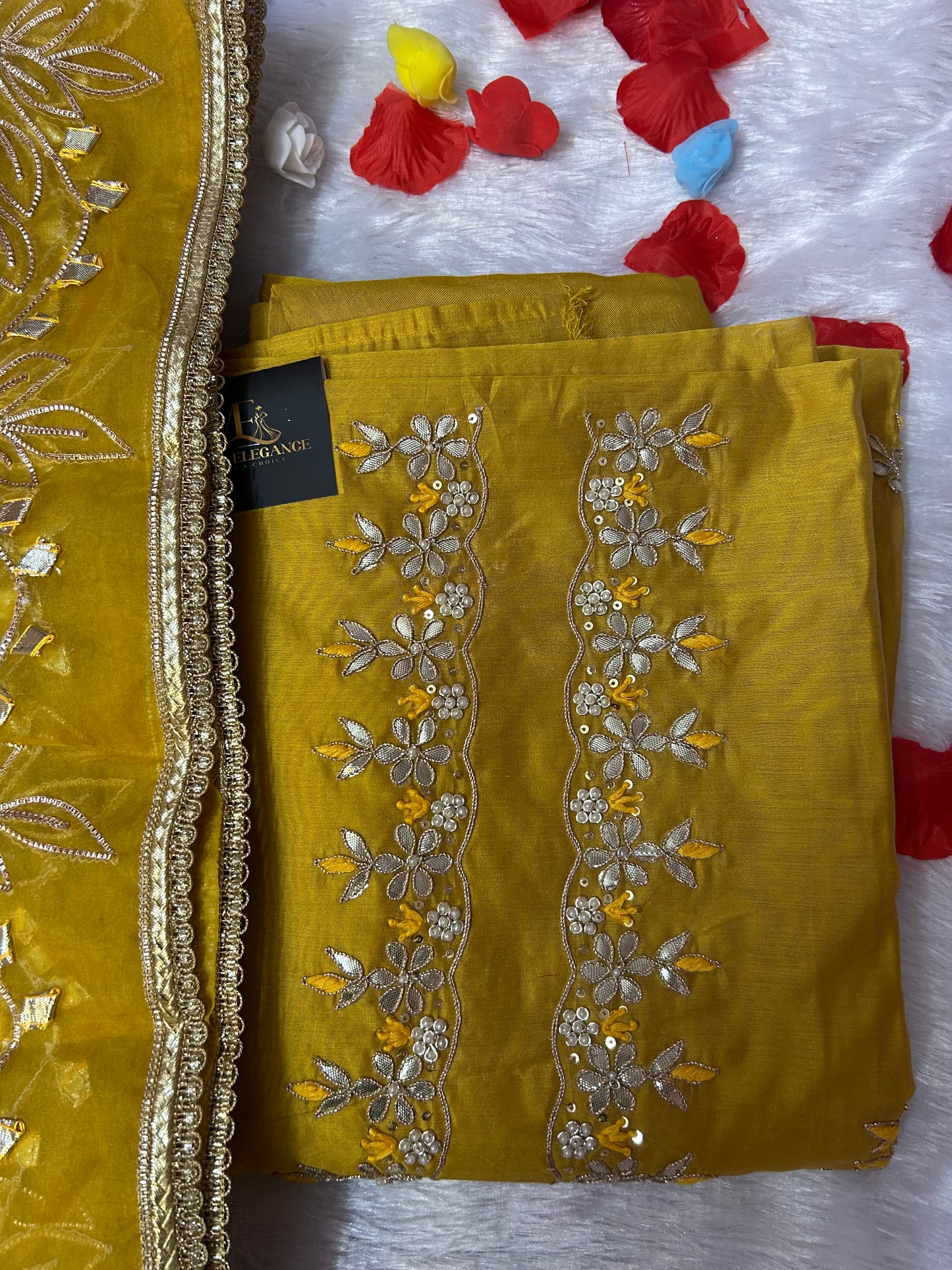 YELLOW CHANDERI SILK SUIT WITH FLOWER AND CHAMKI WORK