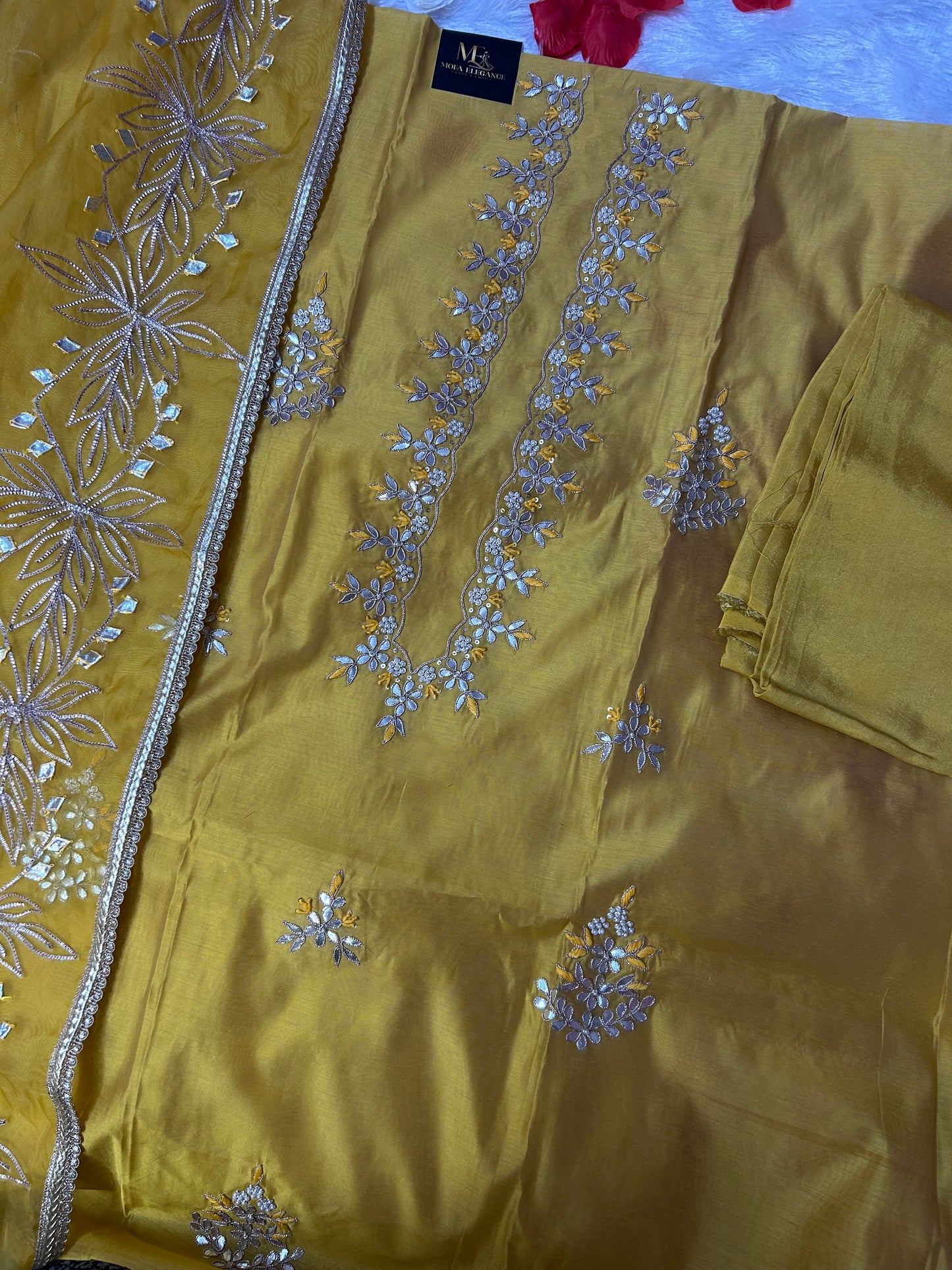 YELLOW CHANDERI SILK SUIT WITH FLOWER AND CHAMKI WORK