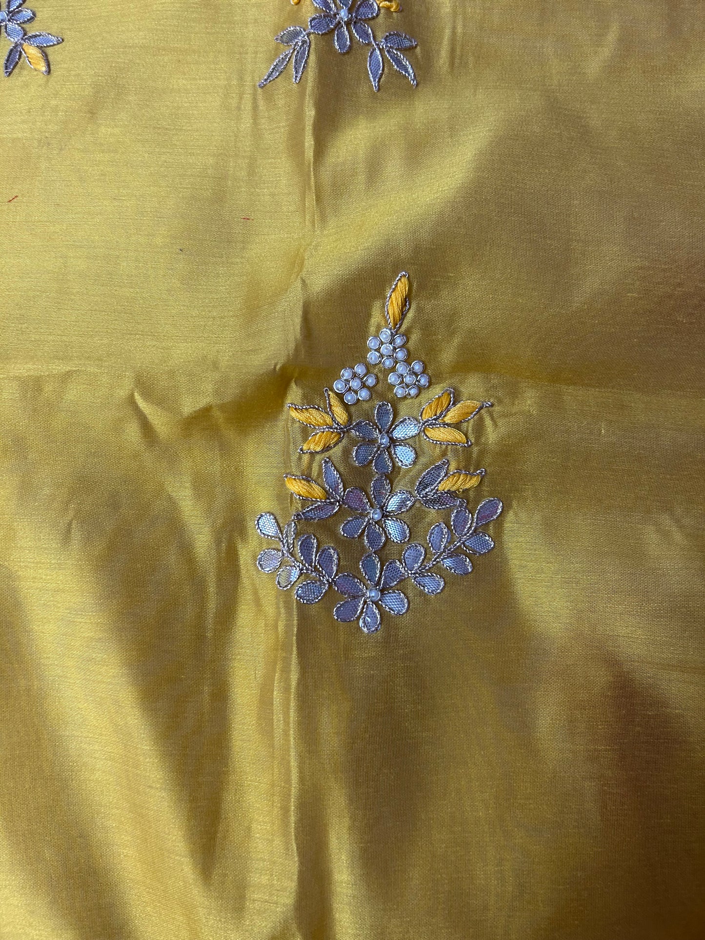 YELLOW CHANDERI SILK SUIT WITH FLOWER AND CHAMKI WORK