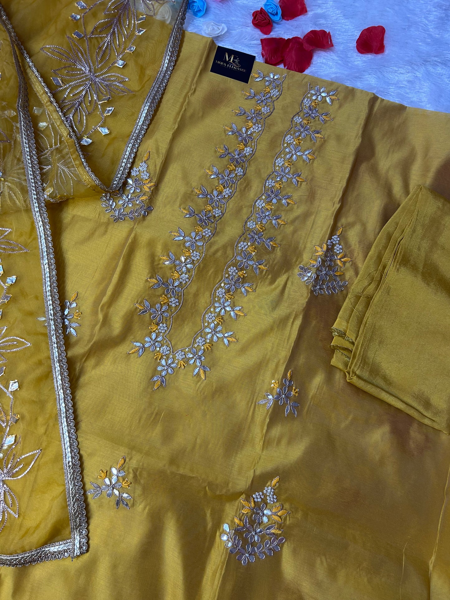 YELLOW CHANDERI SILK SUIT WITH FLOWER AND CHAMKI WORK