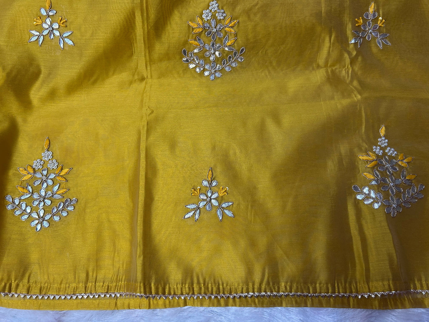 YELLOW CHANDERI SILK SUIT WITH FLOWER AND CHAMKI WORK