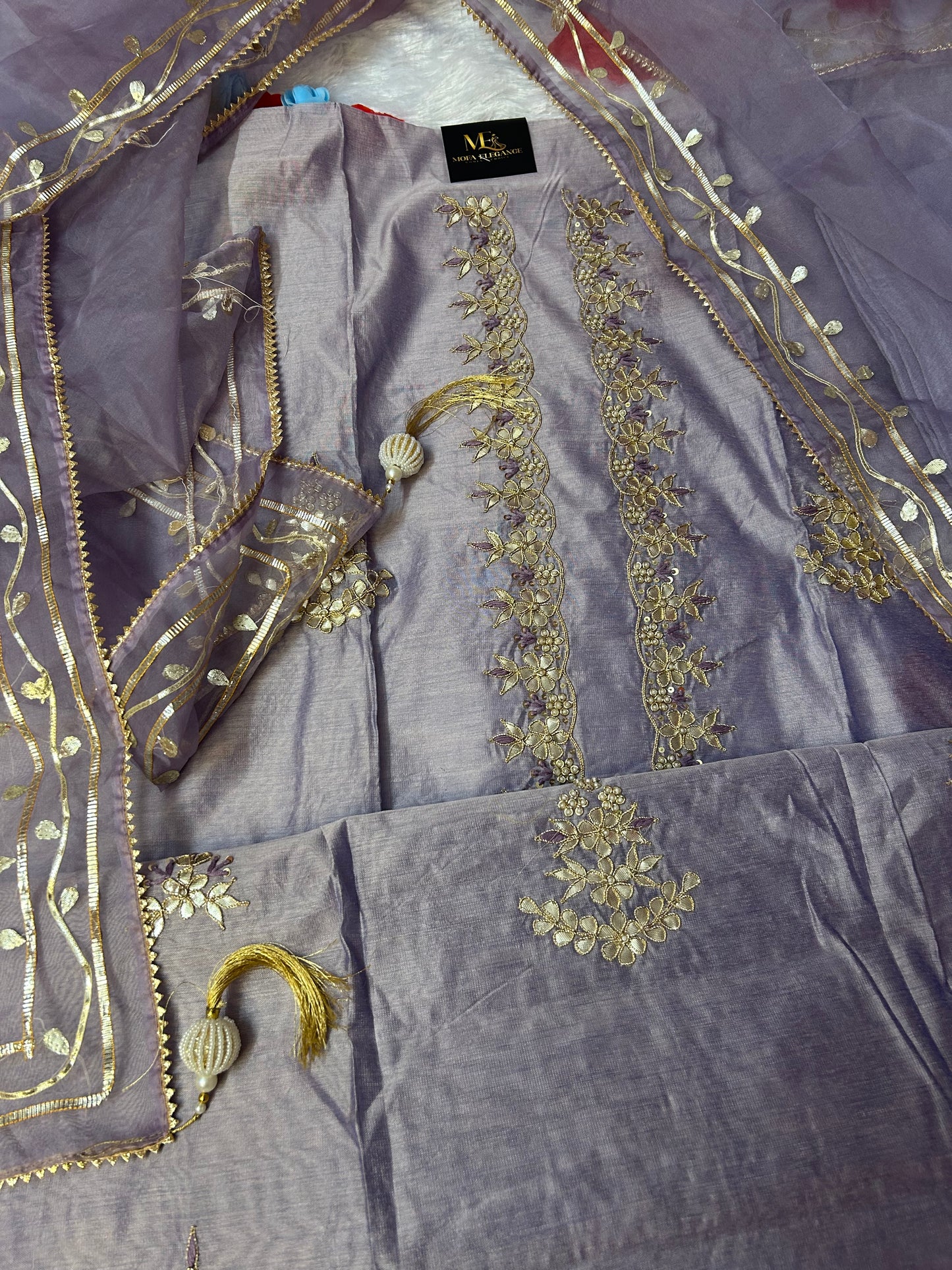 PURPLE CHANDERI SILK SUIT WITH FLOWER WORK