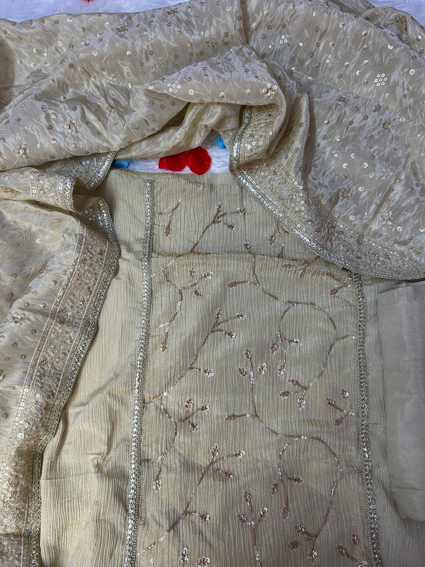 CREAM TISSUE SILK SUIT WITH CUTDANA WORK