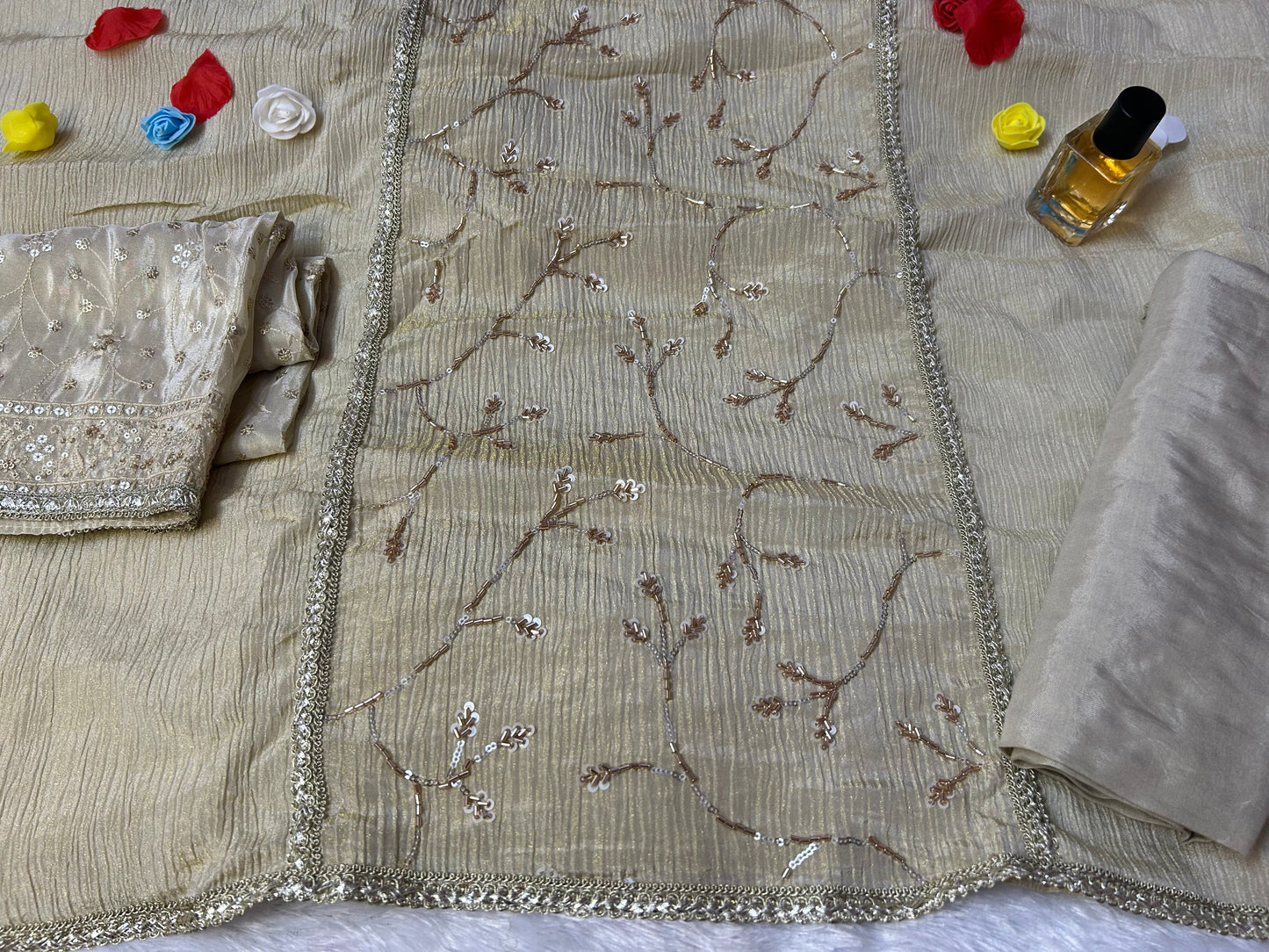 CREAM TISSUE SILK SUIT WITH CUTDANA WORK
