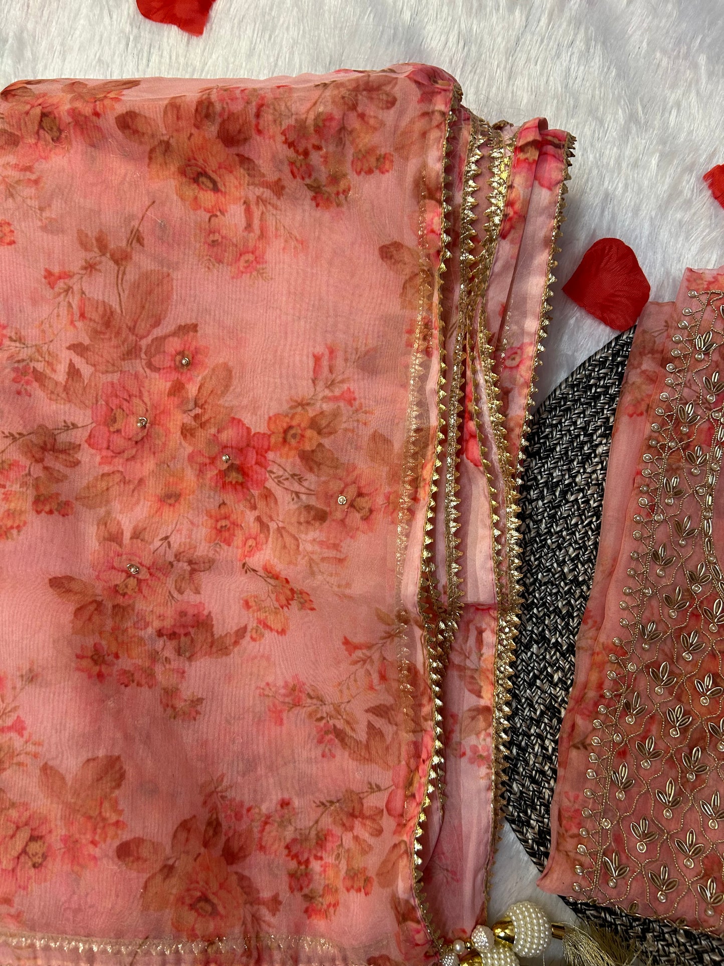 PEACH ORGANZA SUIT WITH CUTDANA AND THREAD WORK
