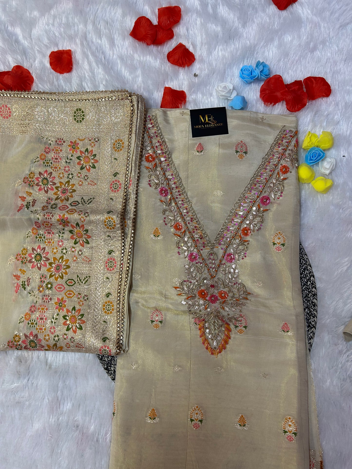 CREAM SILK SUIT WITH BEATS AND THREAD WORK