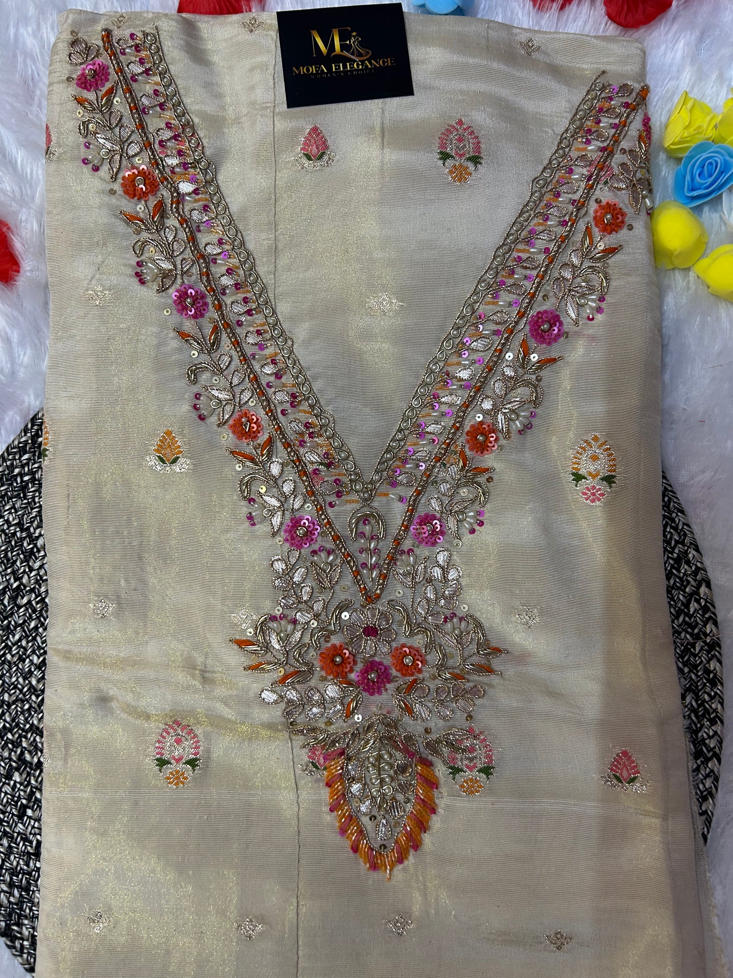 CREAM SILK SUIT WITH BEATS AND THREAD WORK