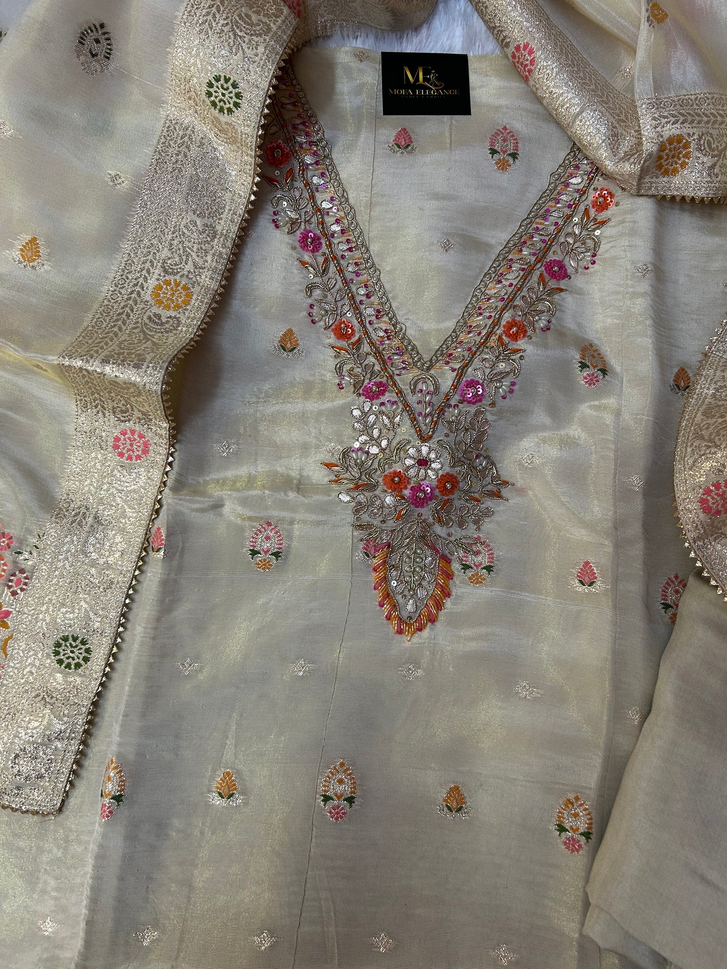 CREAM SILK SUIT WITH BEATS AND THREAD WORK