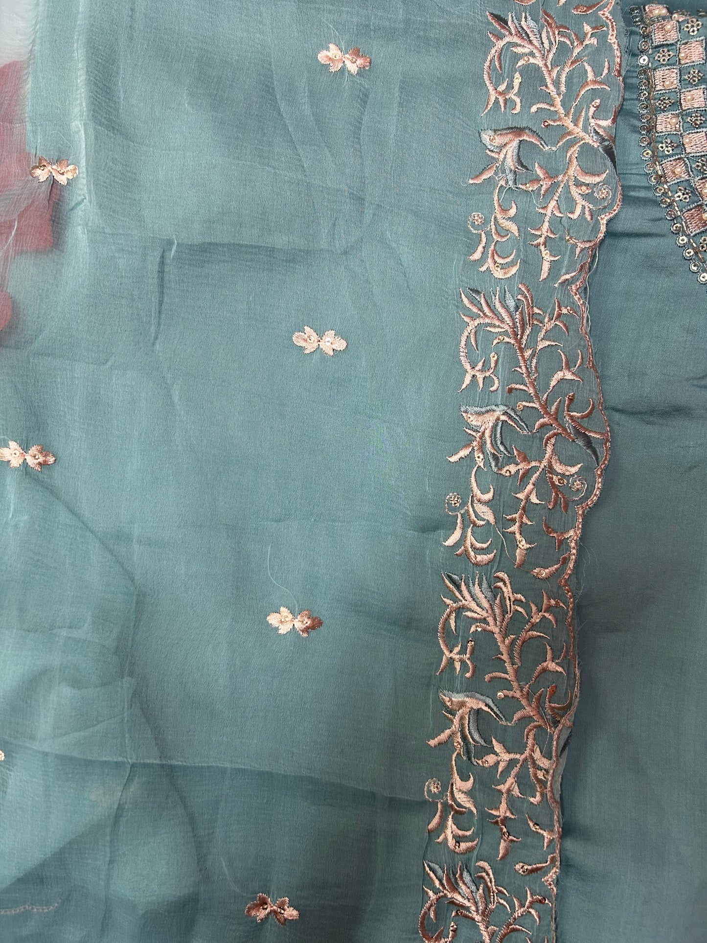 SKYBLUE SOFT ORGANZA SUIT WITH CHAMKI WORK