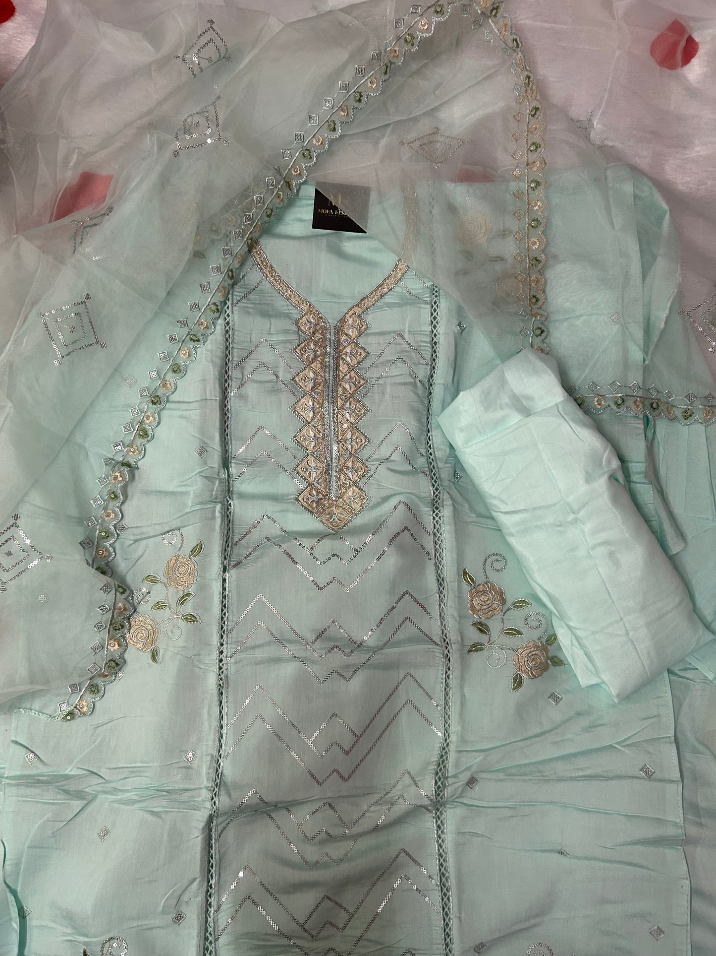 SKYBLUE SOFT ORGANZA SUIT WITH CUTDANA WORK