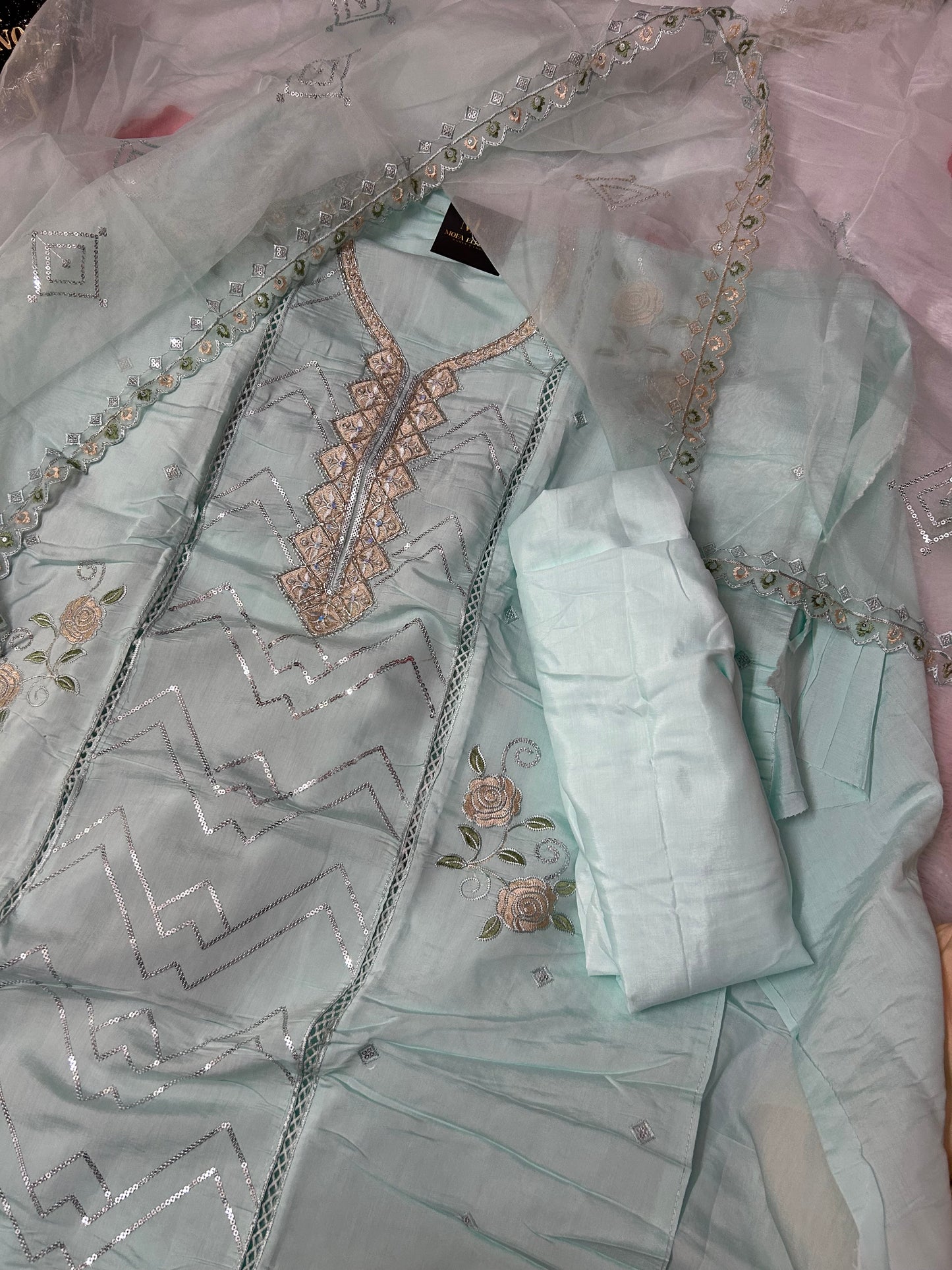 SKYBLUE SOFT ORGANZA SUIT WITH CUTDANA WORK