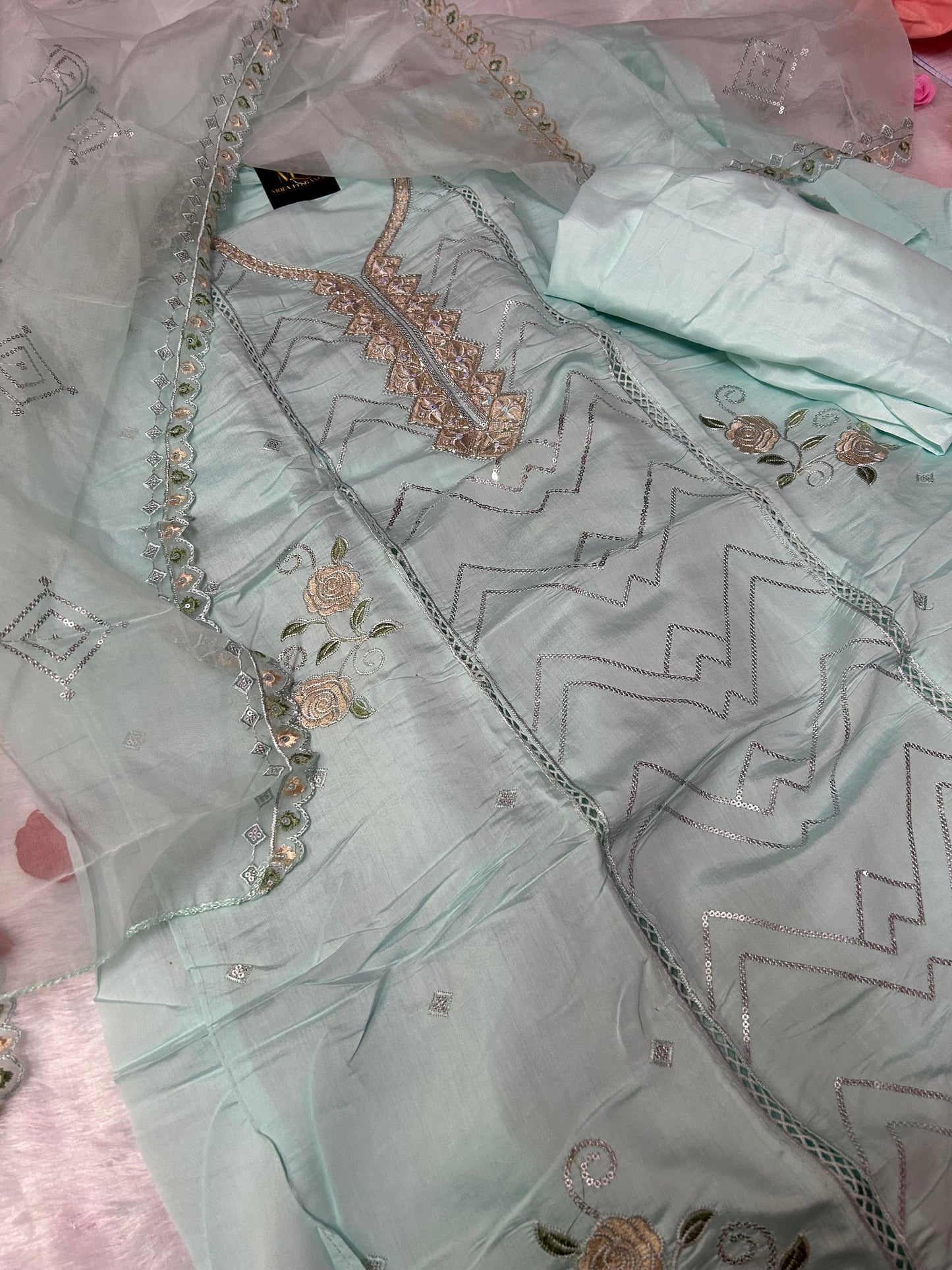 SKYBLUE SOFT ORGANZA SUIT WITH CUTDANA WORK