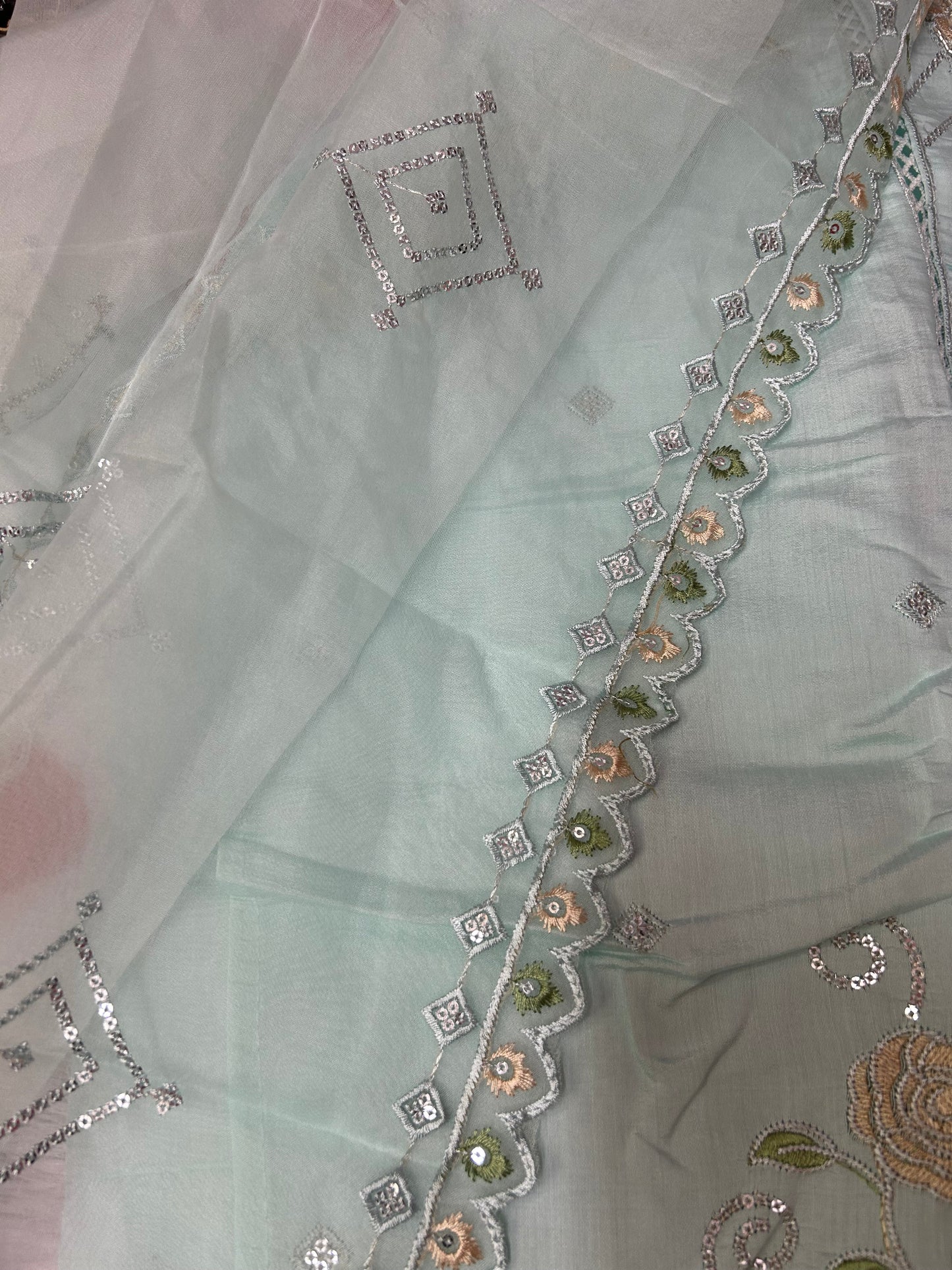 SKYBLUE SOFT ORGANZA SUIT WITH CUTDANA WORK