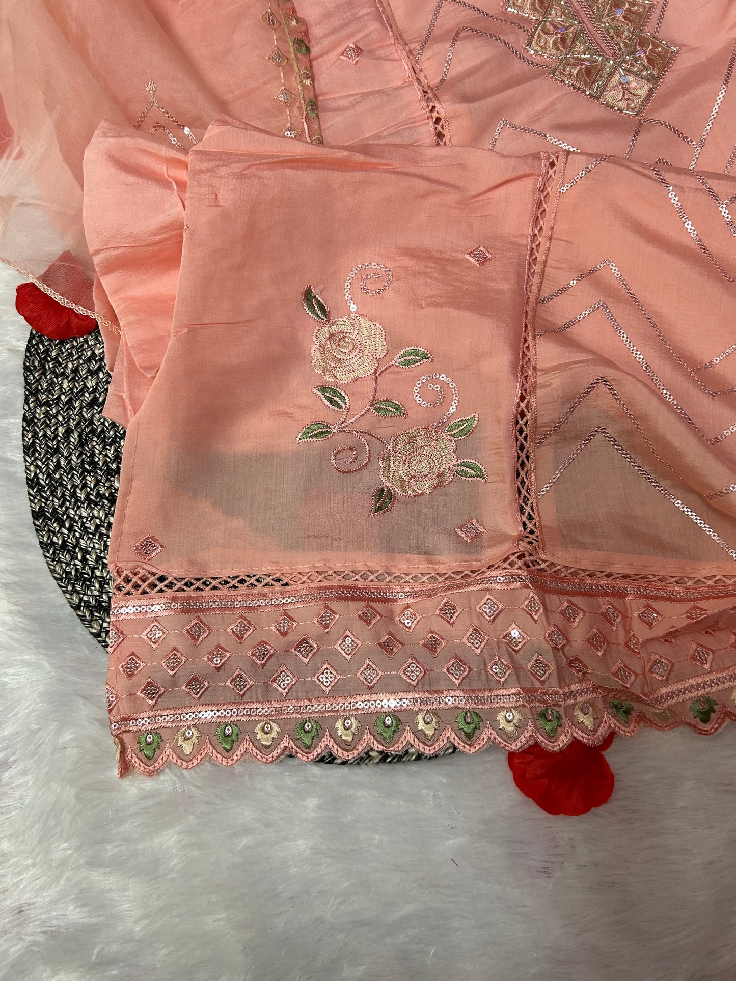 ORANGE SOFT ORGANZA SUIT WITH CUTDANA WORK