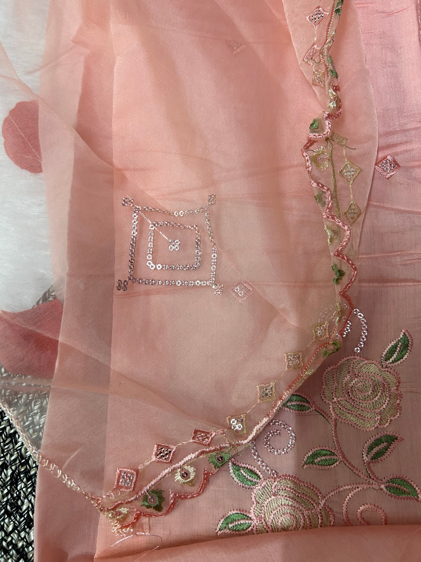 ORANGE SOFT ORGANZA SUIT WITH CUTDANA WORK