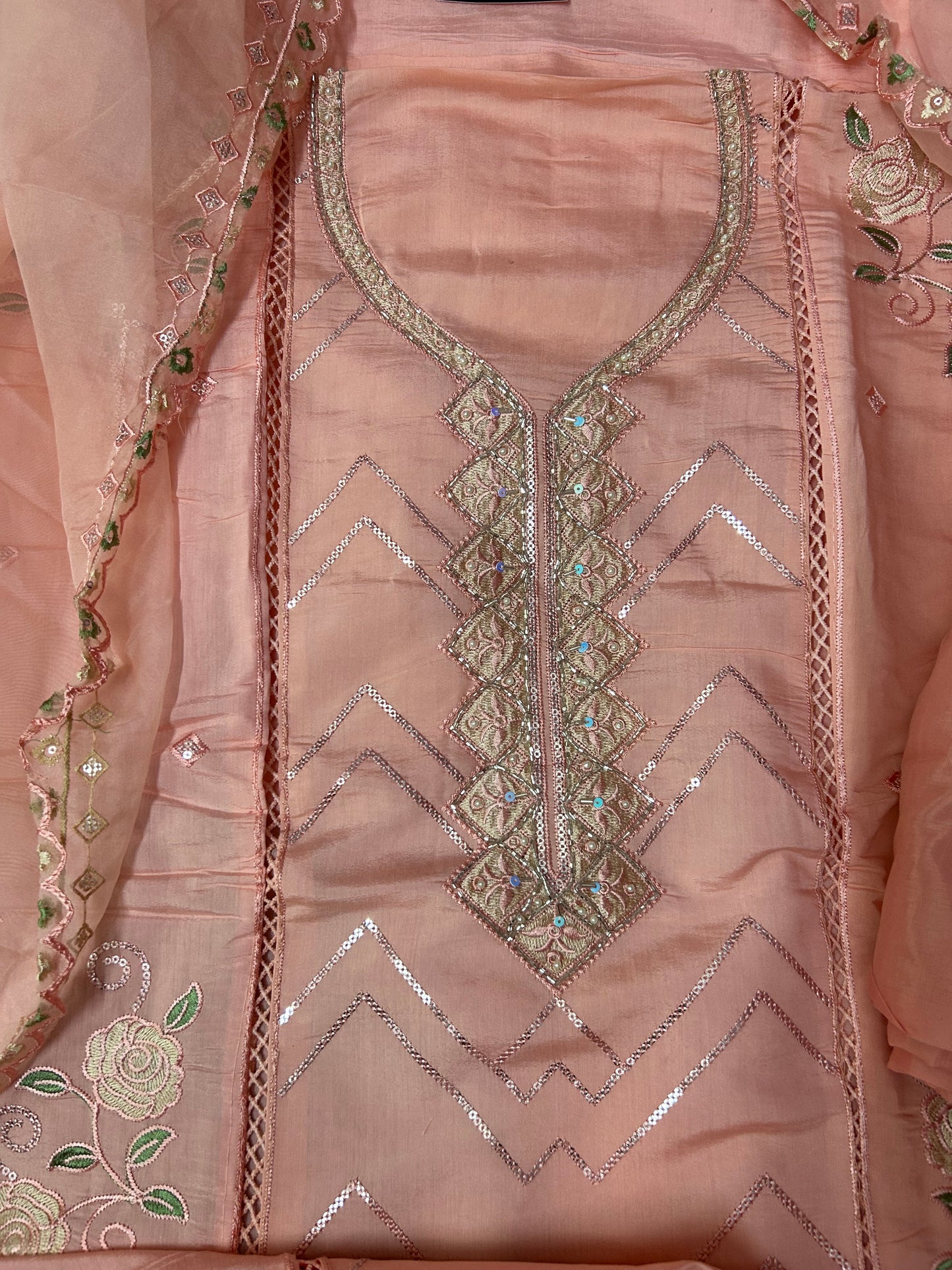 ORANGE SOFT ORGANZA SUIT WITH CUTDANA WORK