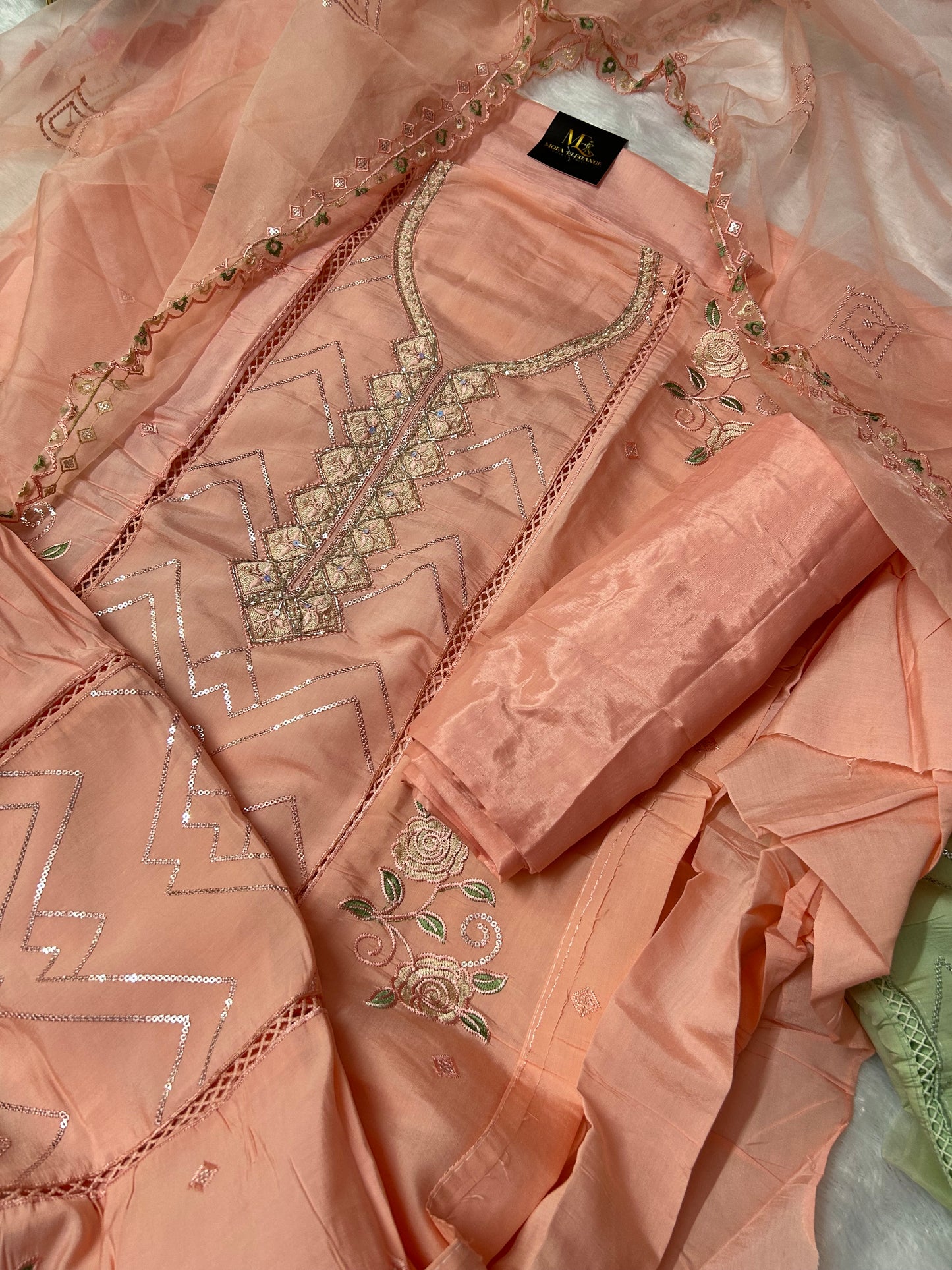 ORANGE SOFT ORGANZA SUIT WITH CUTDANA WORK
