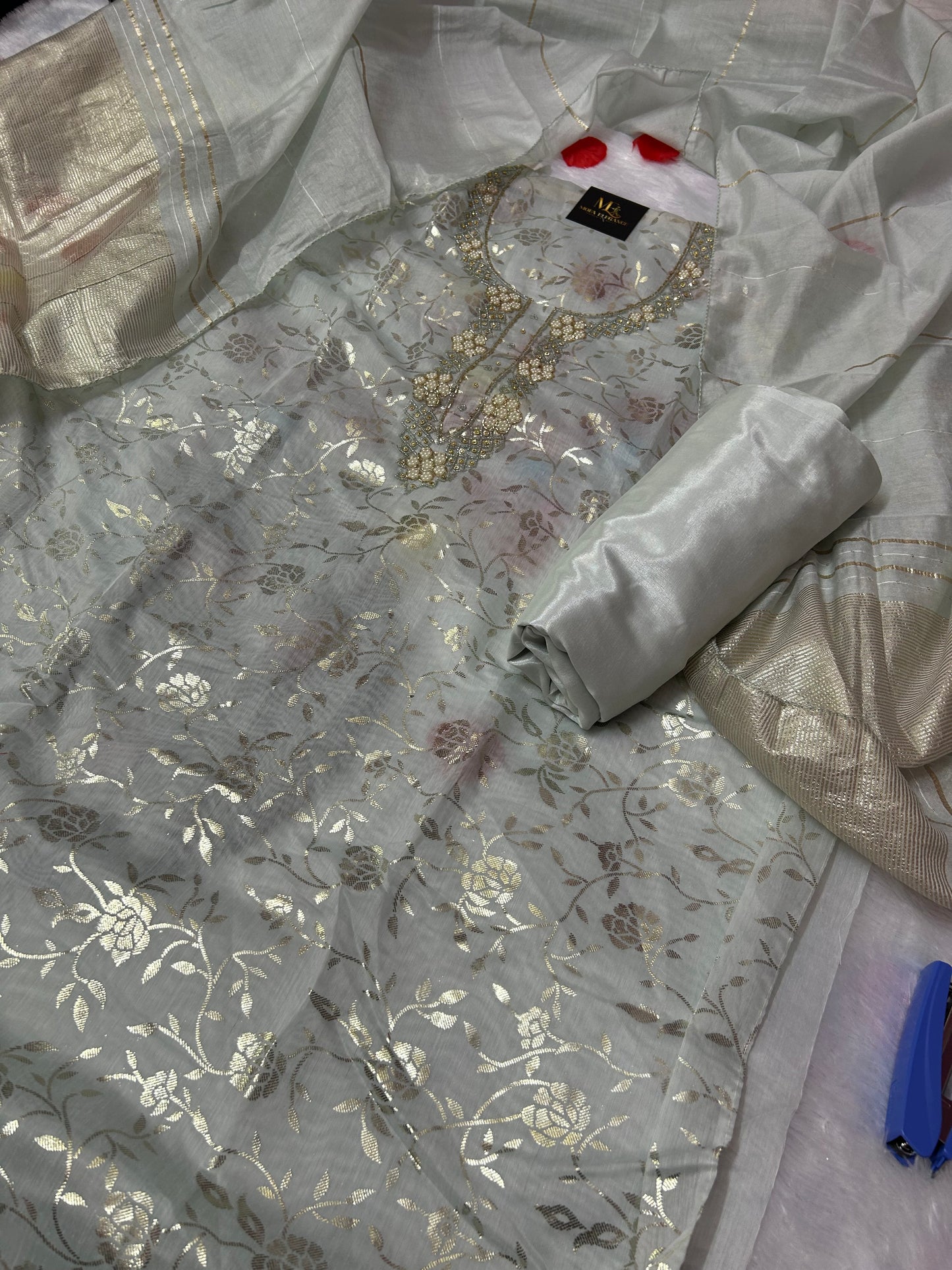 SKYBLUE ORGANZA SUIT WITH CUTDANA WORK