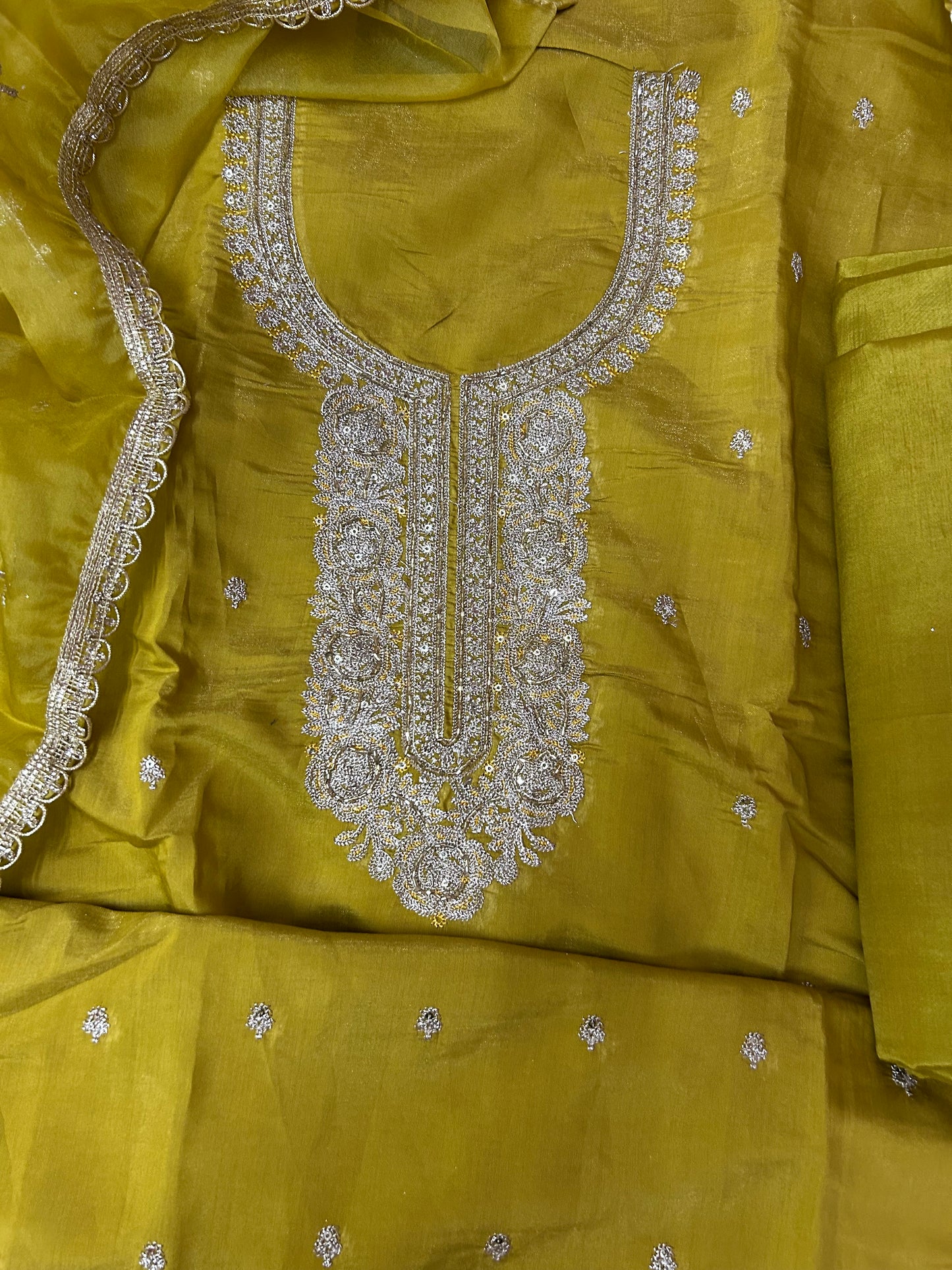 YELLOW ORGANZA SUIT WITH CUTDANA AND EMBROIDERY WORK