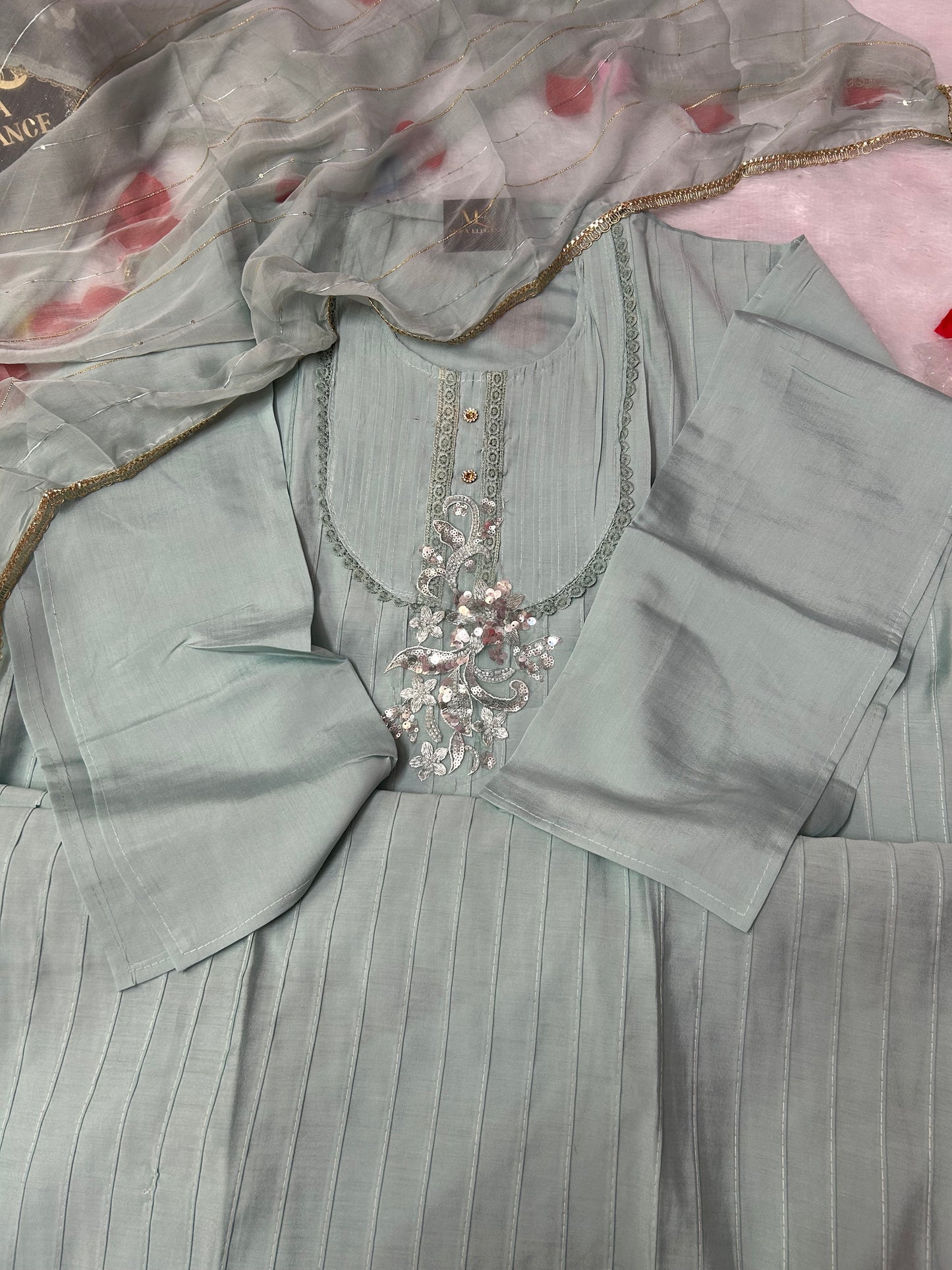 SKYBLUE SOFT ORGANZA SUIT WITH THREAD WORK