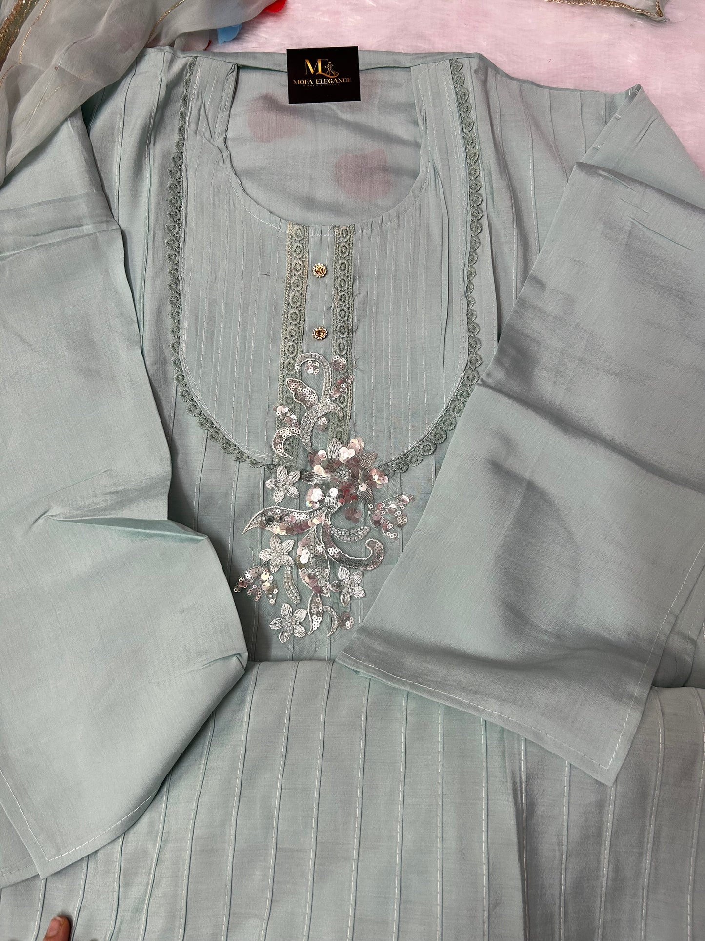 SKYBLUE SOFT ORGANZA SUIT WITH THREAD WORK
