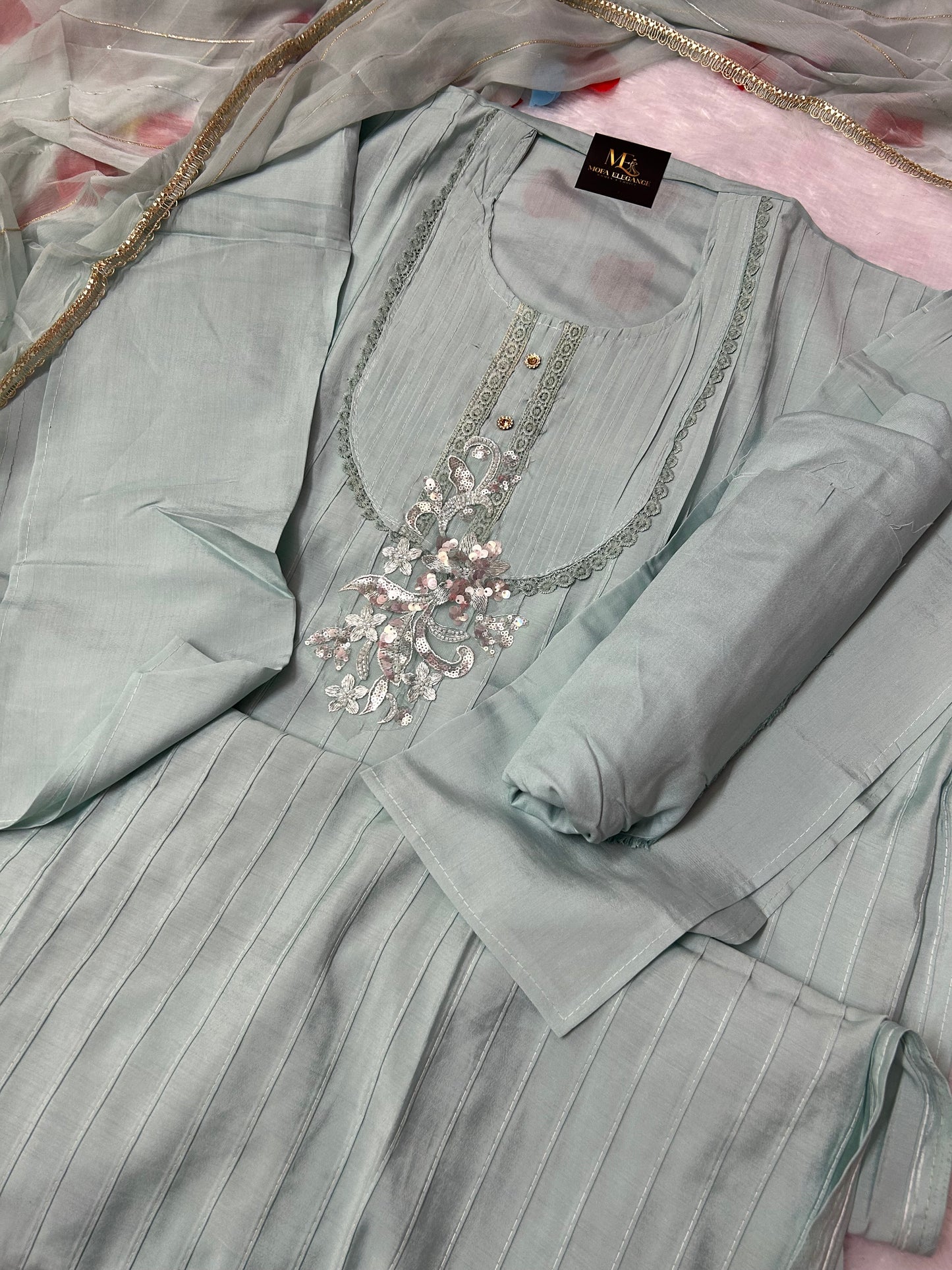 SKYBLUE SOFT ORGANZA SUIT WITH THREAD WORK
