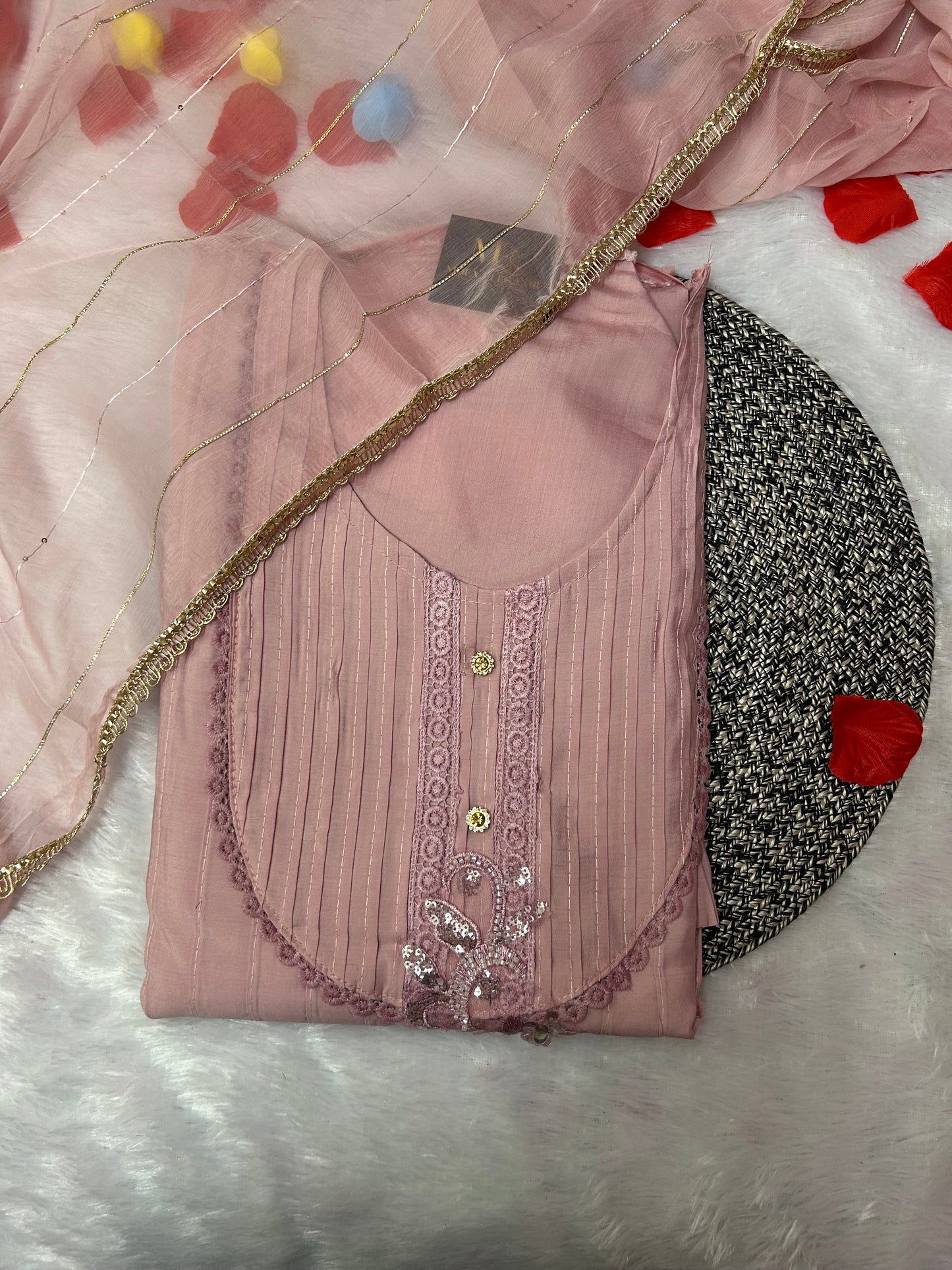 PEACH SOFT ORGANZA SUIT WITH CHAMKI WORK