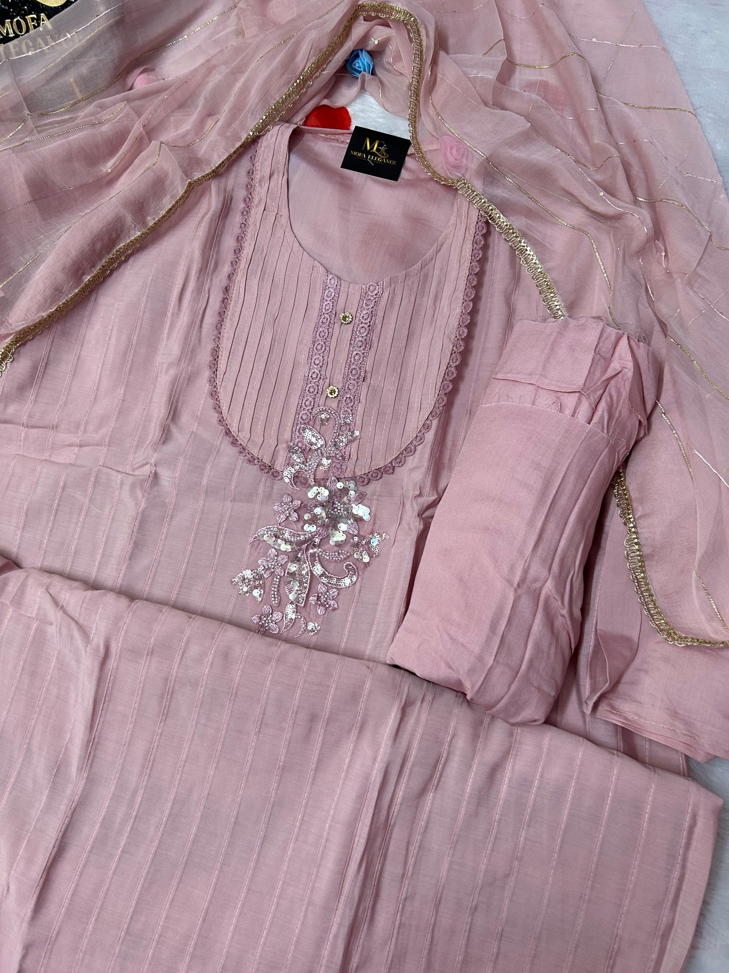 PEACH SOFT ORGANZA SUIT WITH CHAMKI WORK