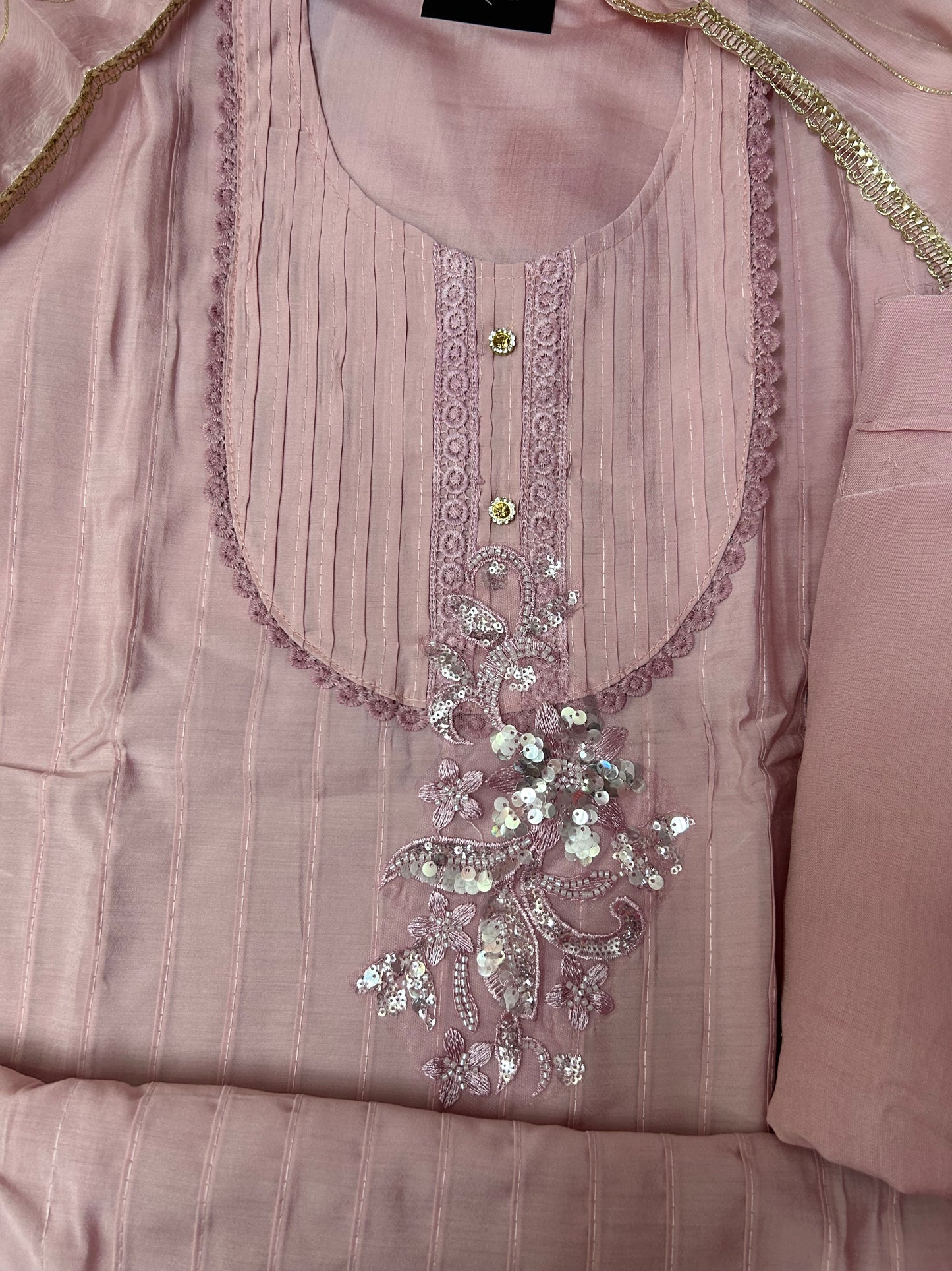 PEACH SOFT ORGANZA SUIT WITH CHAMKI WORK