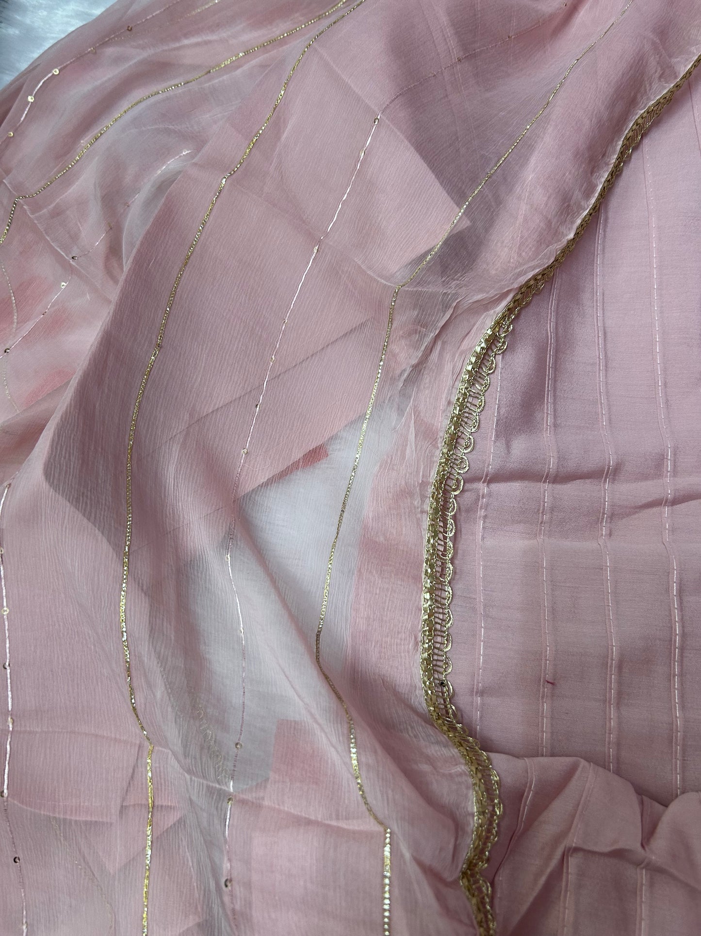 PEACH SOFT ORGANZA SUIT WITH CHAMKI WORK