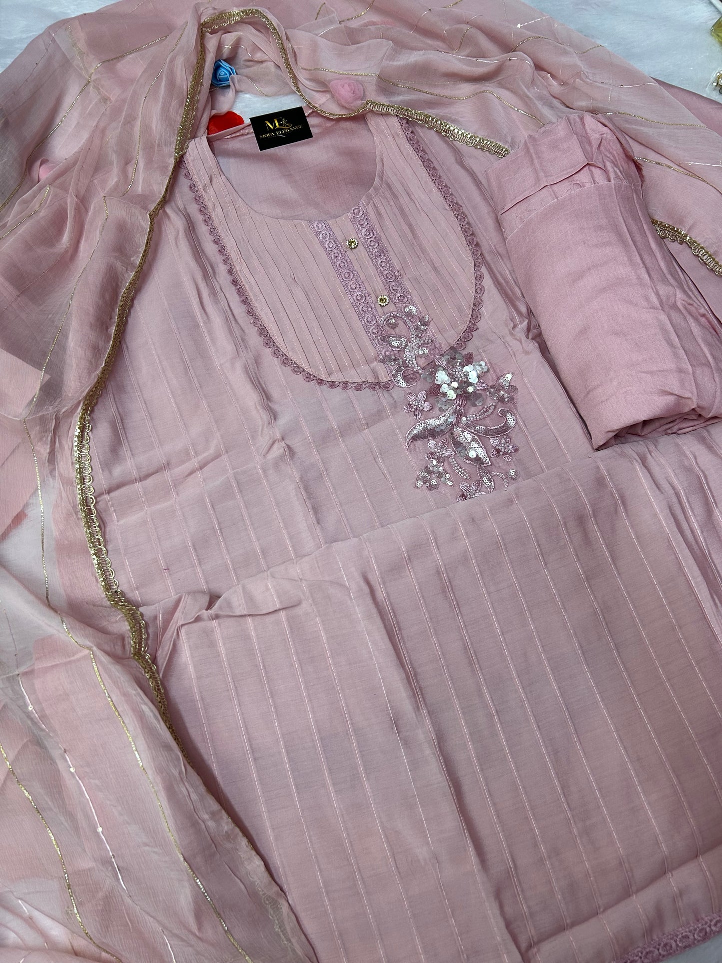 PEACH SOFT ORGANZA SUIT WITH CHAMKI WORK
