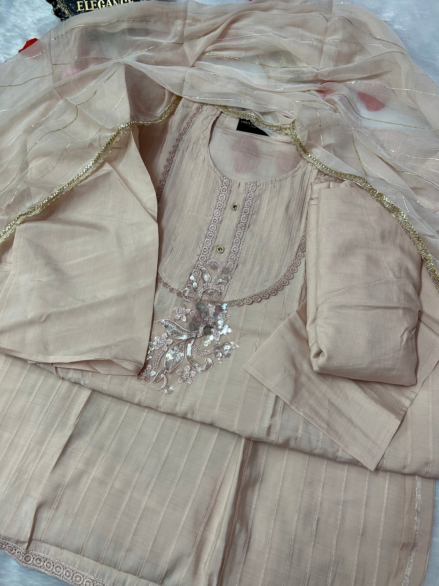 LIGHT ORANGE SOFT ORGANZA SUIT WITH CHAMKI WORK