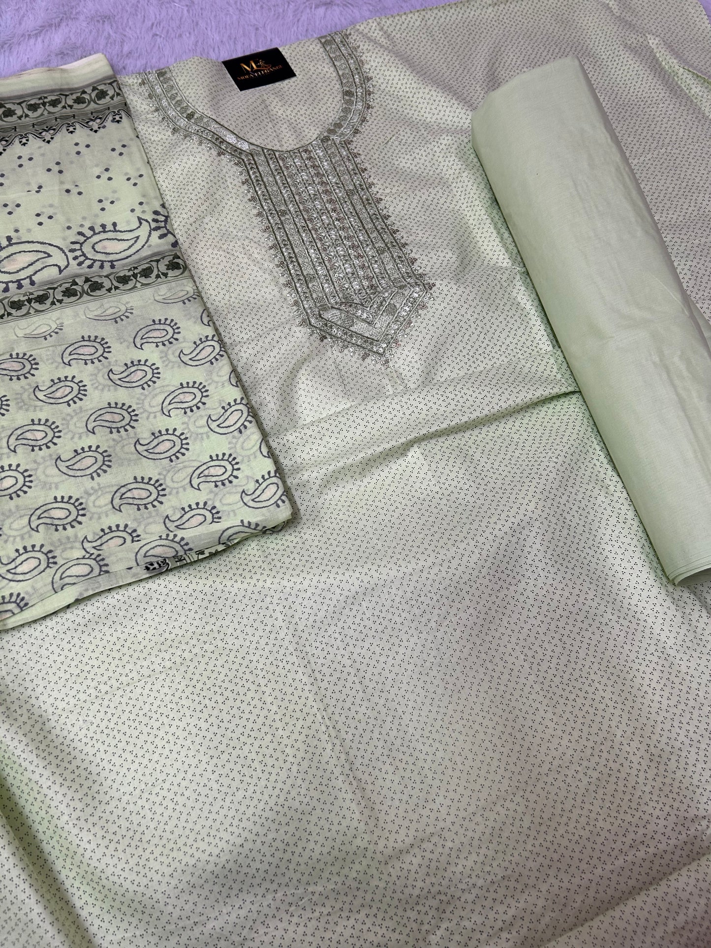 LIGHT GREEN COTTON SUIT WITH EMBROIDERY WORK