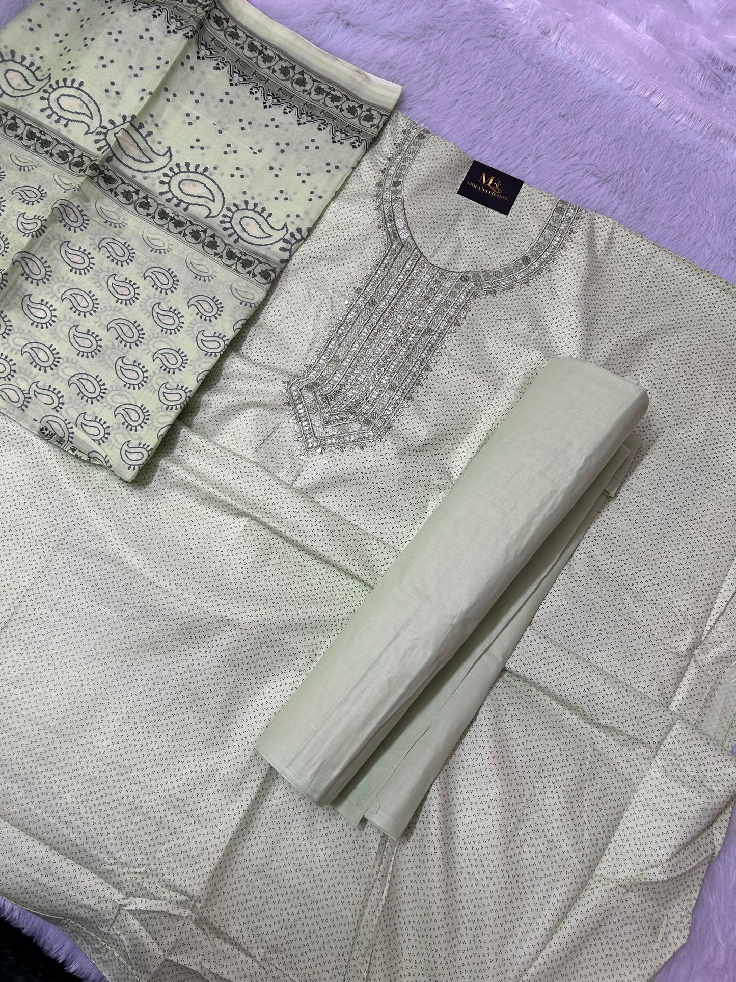 LIGHT GREEN COTTON SUIT WITH EMBROIDERY WORK