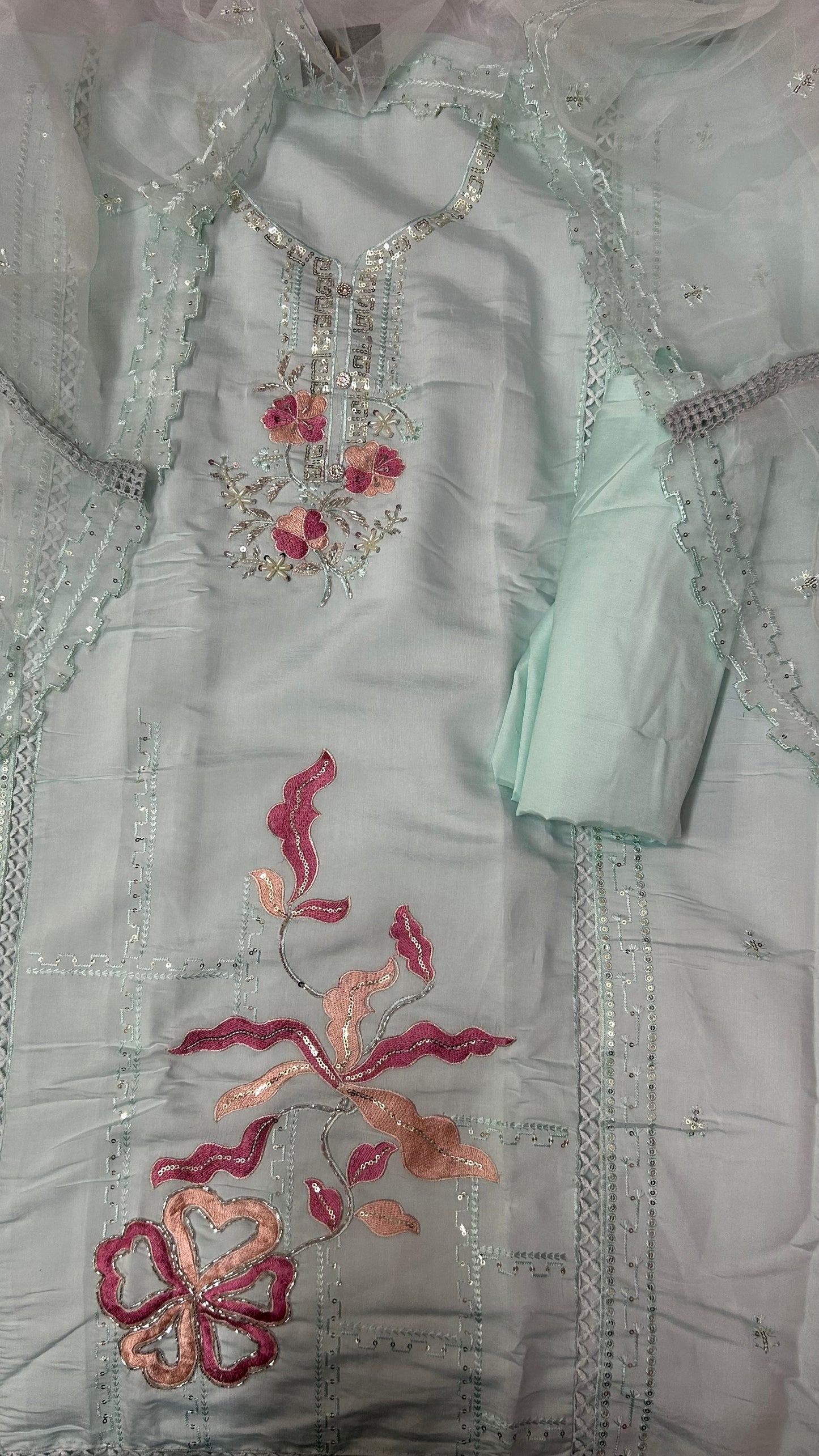 SKYBLUE SOFT ORGANZA SUIT WITH EMBROIDERY WORK