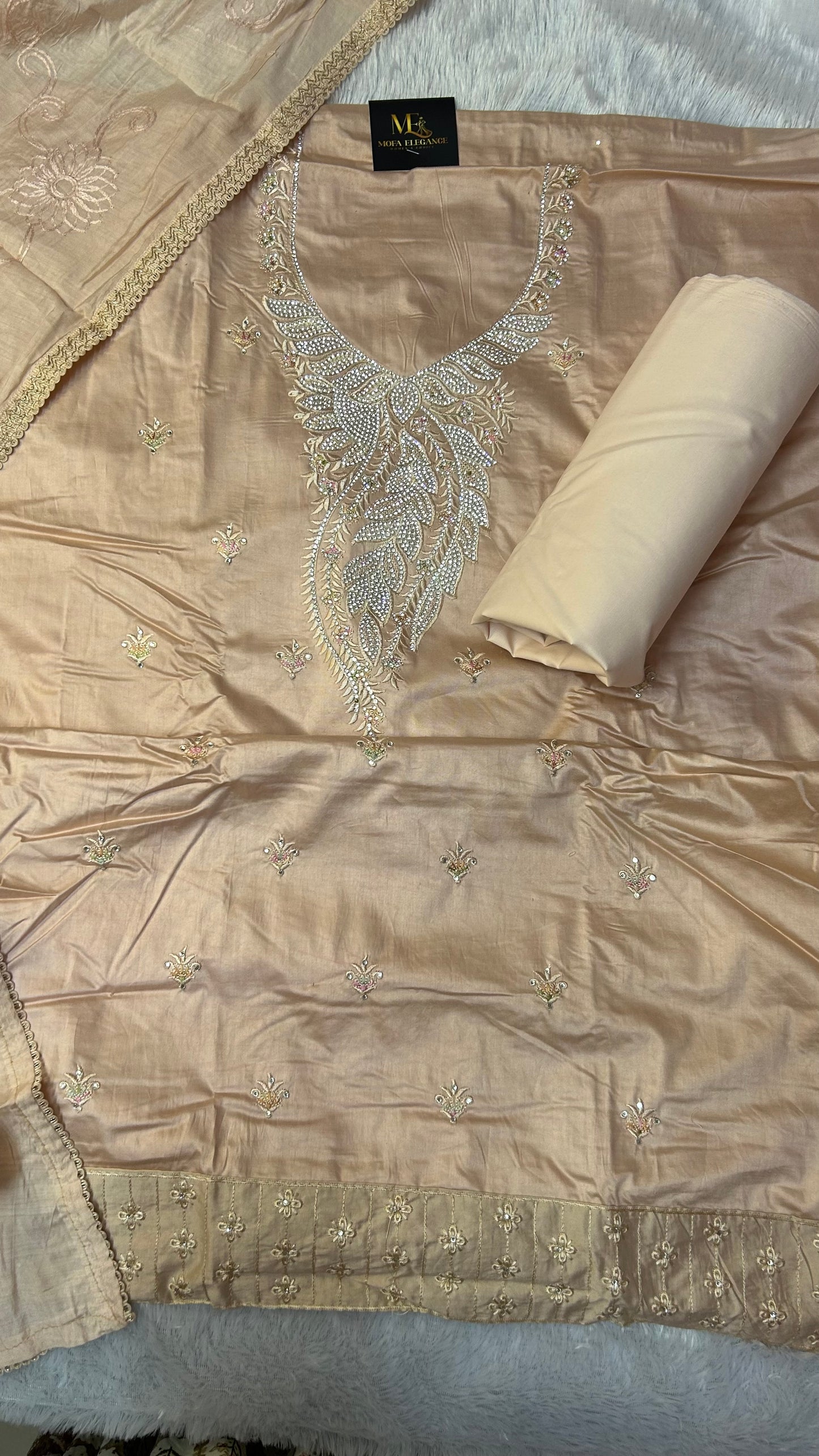 LIGHT ORANGE SOFT ORGANZA SUIT WITH THREAD WORK