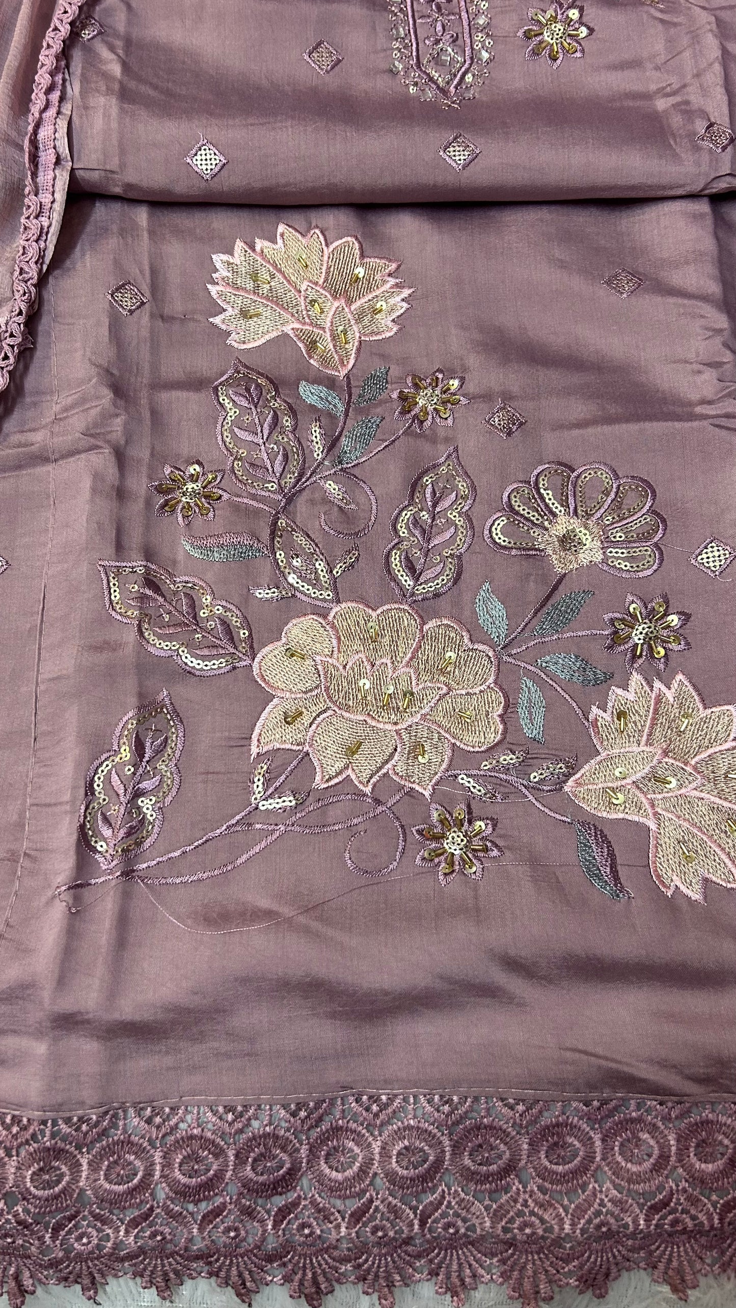PURPLE SOFT ORGANZA SUIT WITH MIRROR WORK
